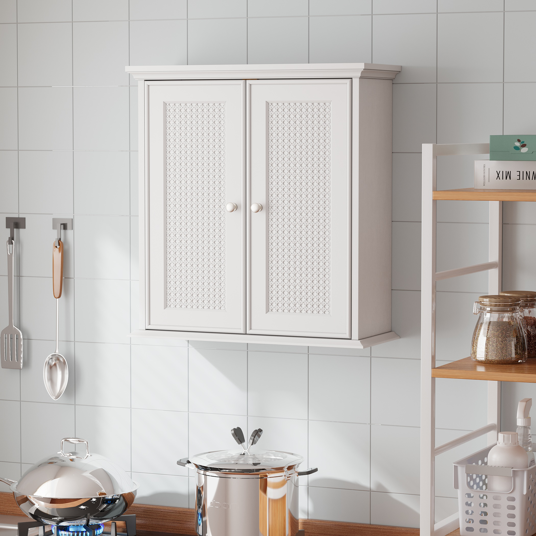 Bathroom Cabinet, Wall-Mounted with Basket Doors & Adjustable Shelves, White