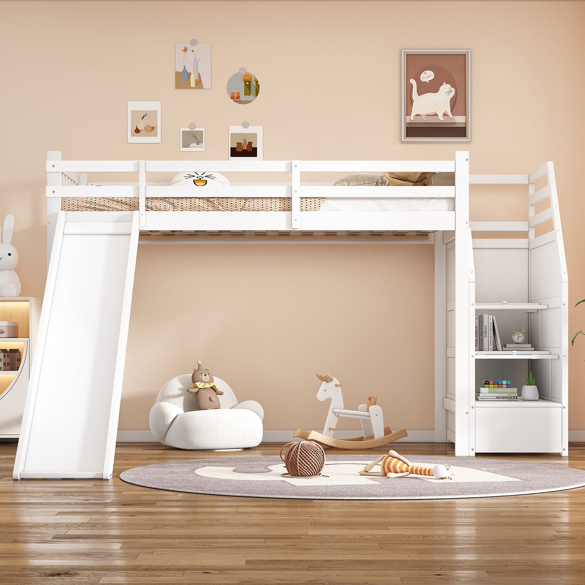 Bunk Bed 90x200cm Slide Removable Railing Storage Ladder - White