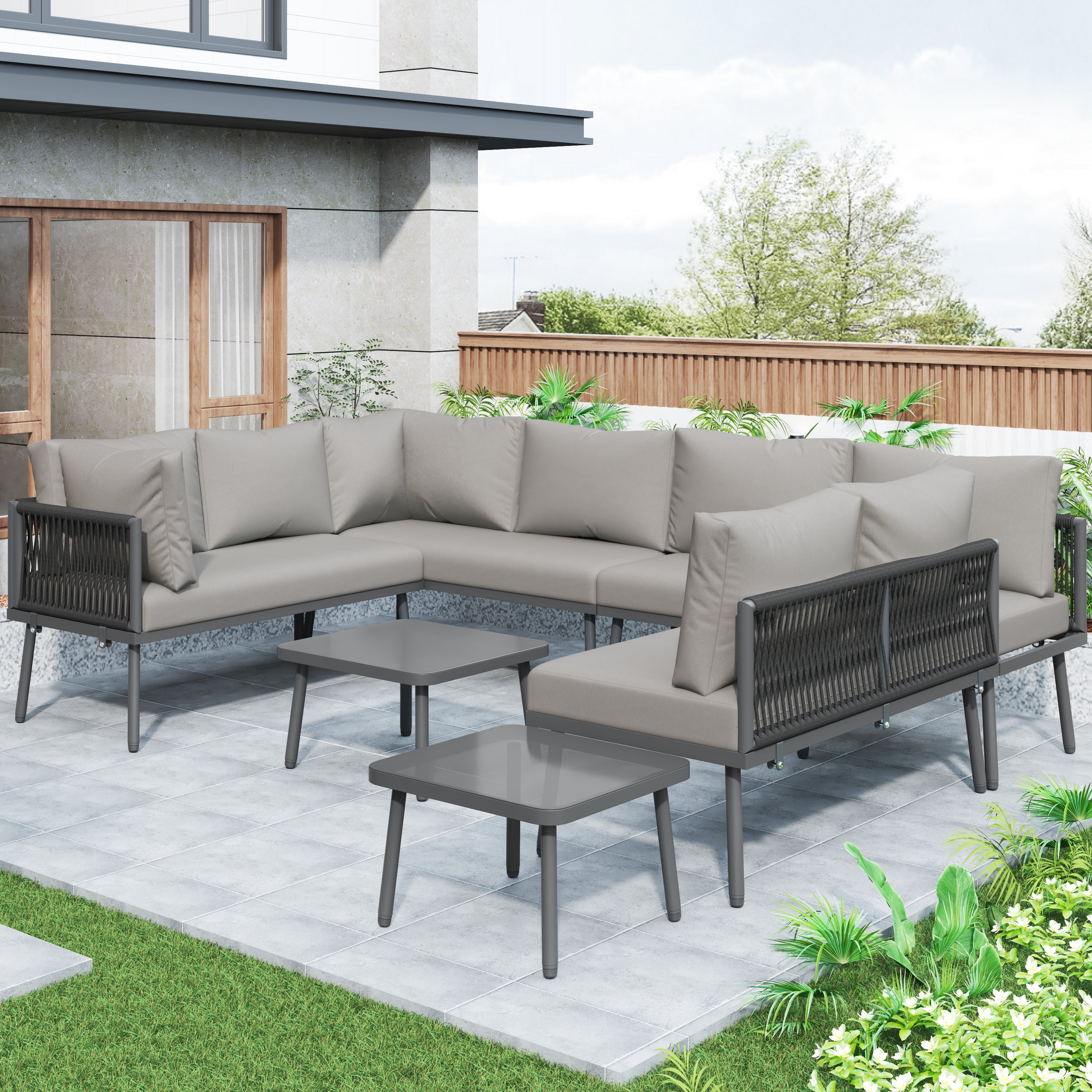 Iron Garden Lounge Set U-Shaped Corner Sofa 8-Seater 2 Tables - Various