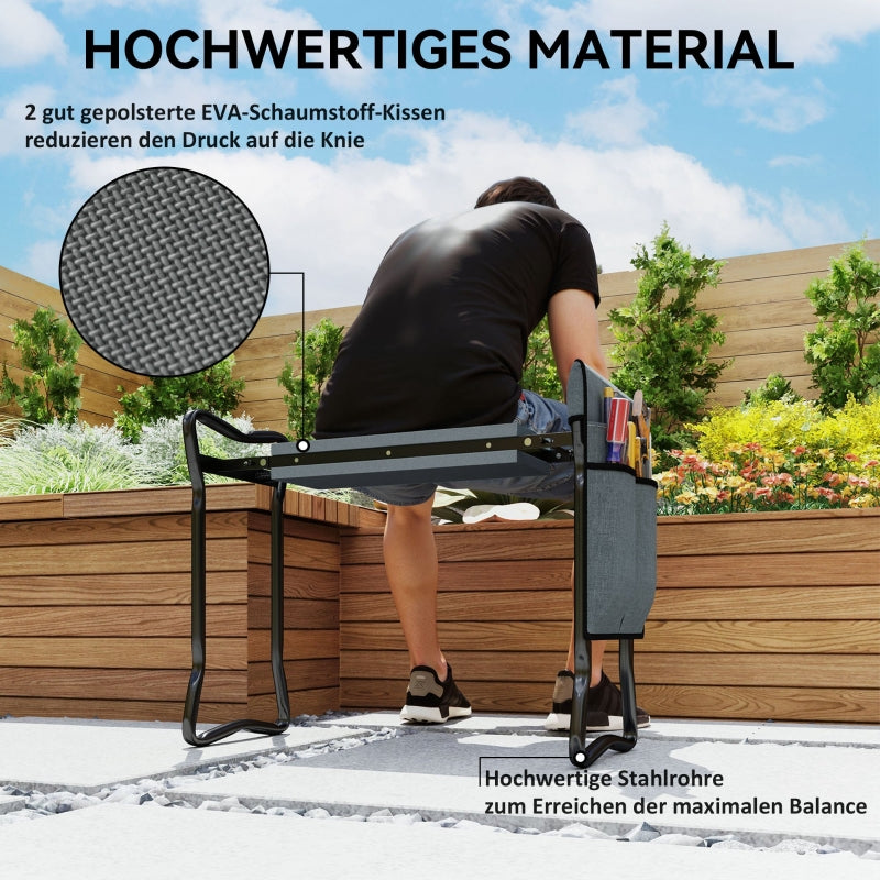 Folding Garden Kneeling Bench Knee Cushion Tool Pockets 150kg - Grey