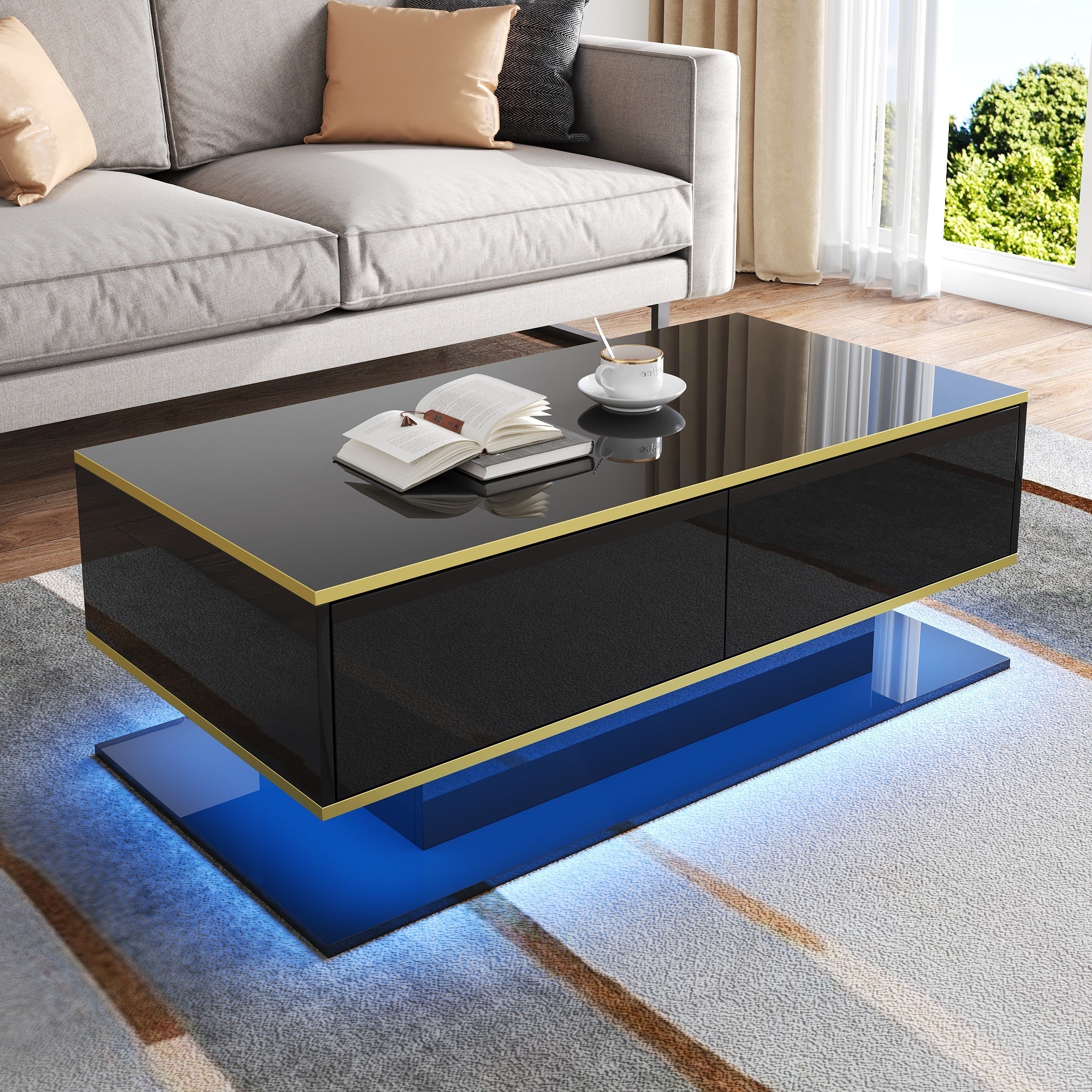 High-Gloss LED Coffee Table Modern 100cm with 3 Drawers USB Light Strip Gold Trim