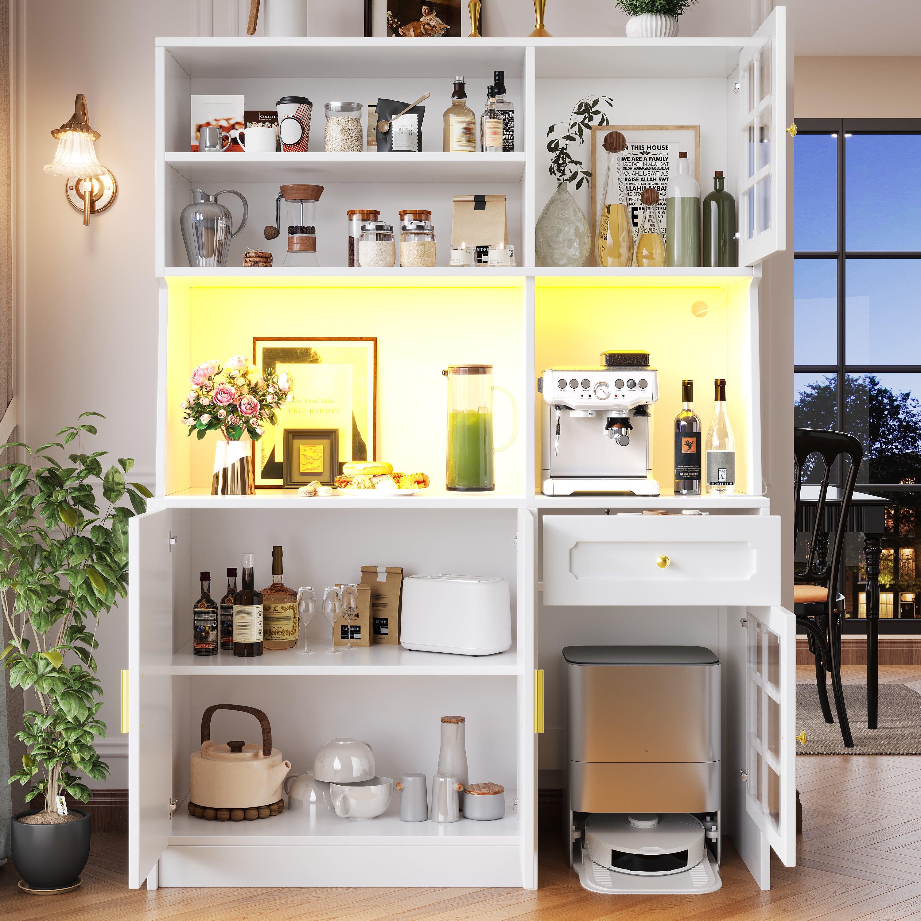 Tall Kitchen Cabinet with Glass Doors and LED Lighting, White