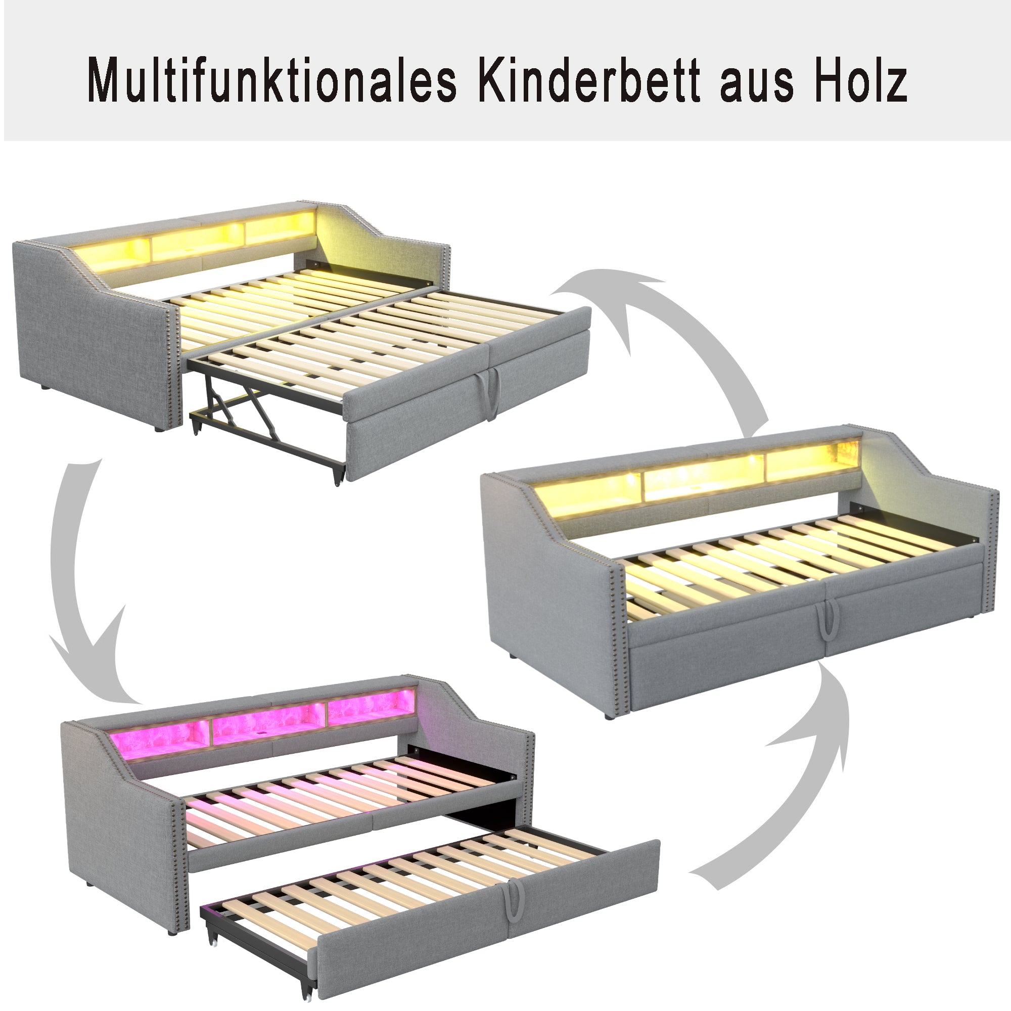 Upholstered Sofa Bed, Pull-Out with Storage, LED & USB, Light Grey