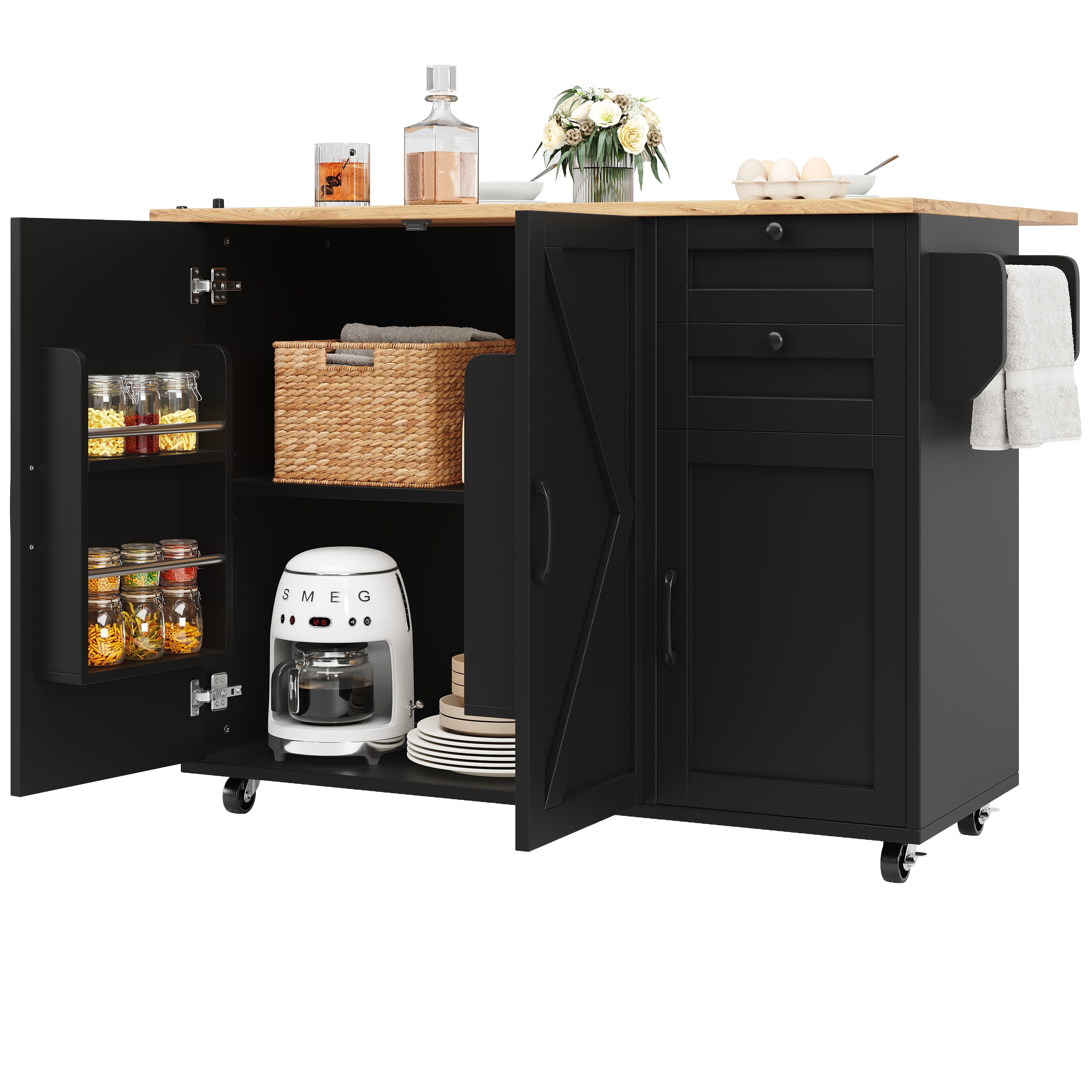 Multifunctional Kitchen Island Dining Table with Storage, Snack Shelves, Wood Grain Black