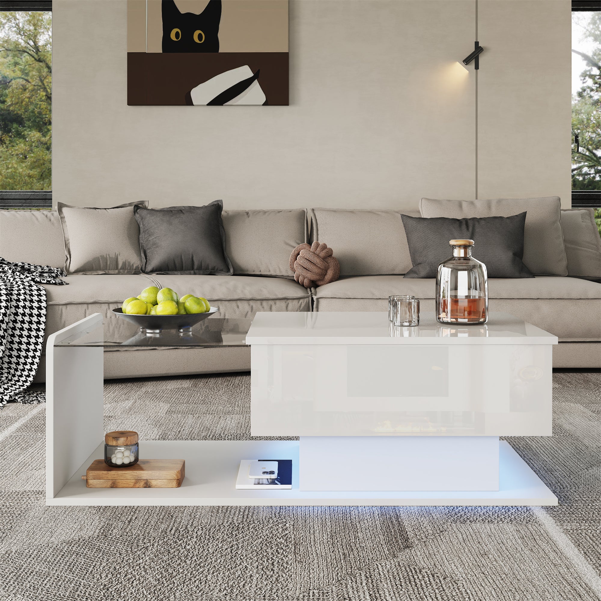 Coffee Table with Glass, LED Effect, and Lift-Top, High-Gloss White