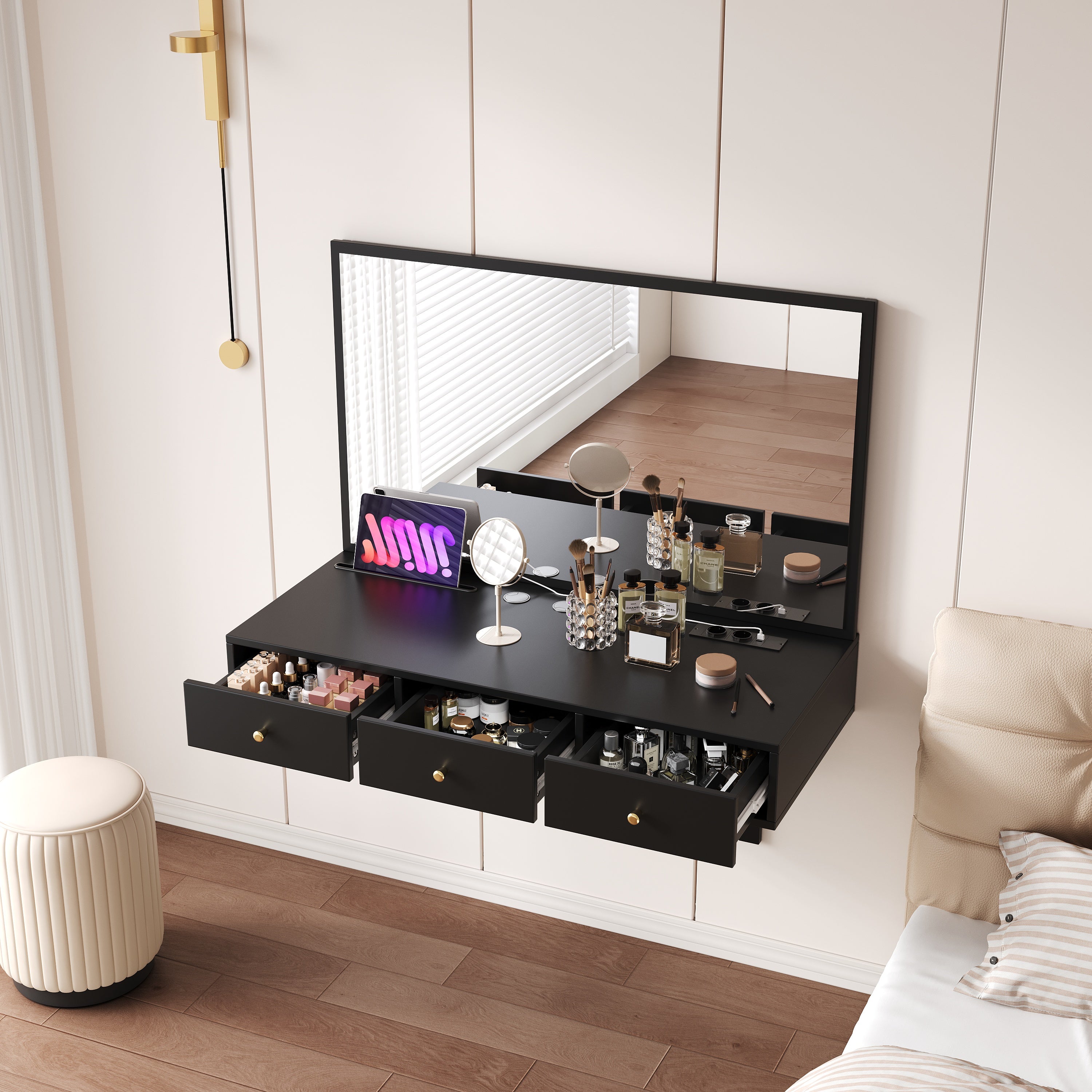Wall-Mounted Vanity Table with Mirror, 3 Drawers, Power Outlets, Tablet/Card Slot, Drink Holder, Black