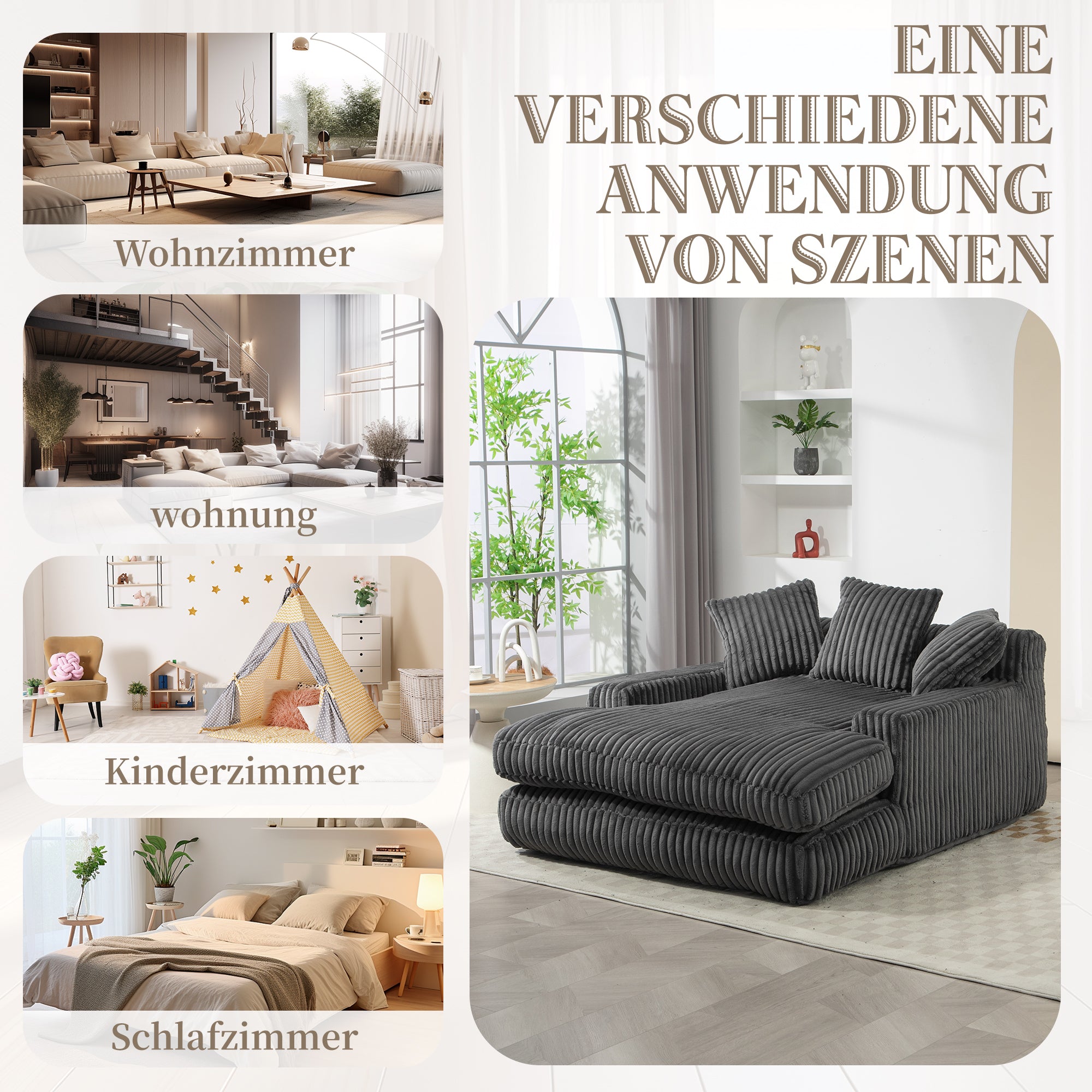 Sofa Bed, Cloud Couch with 3 Soft Pillows, Single Seat, Dark Grey Corduroy