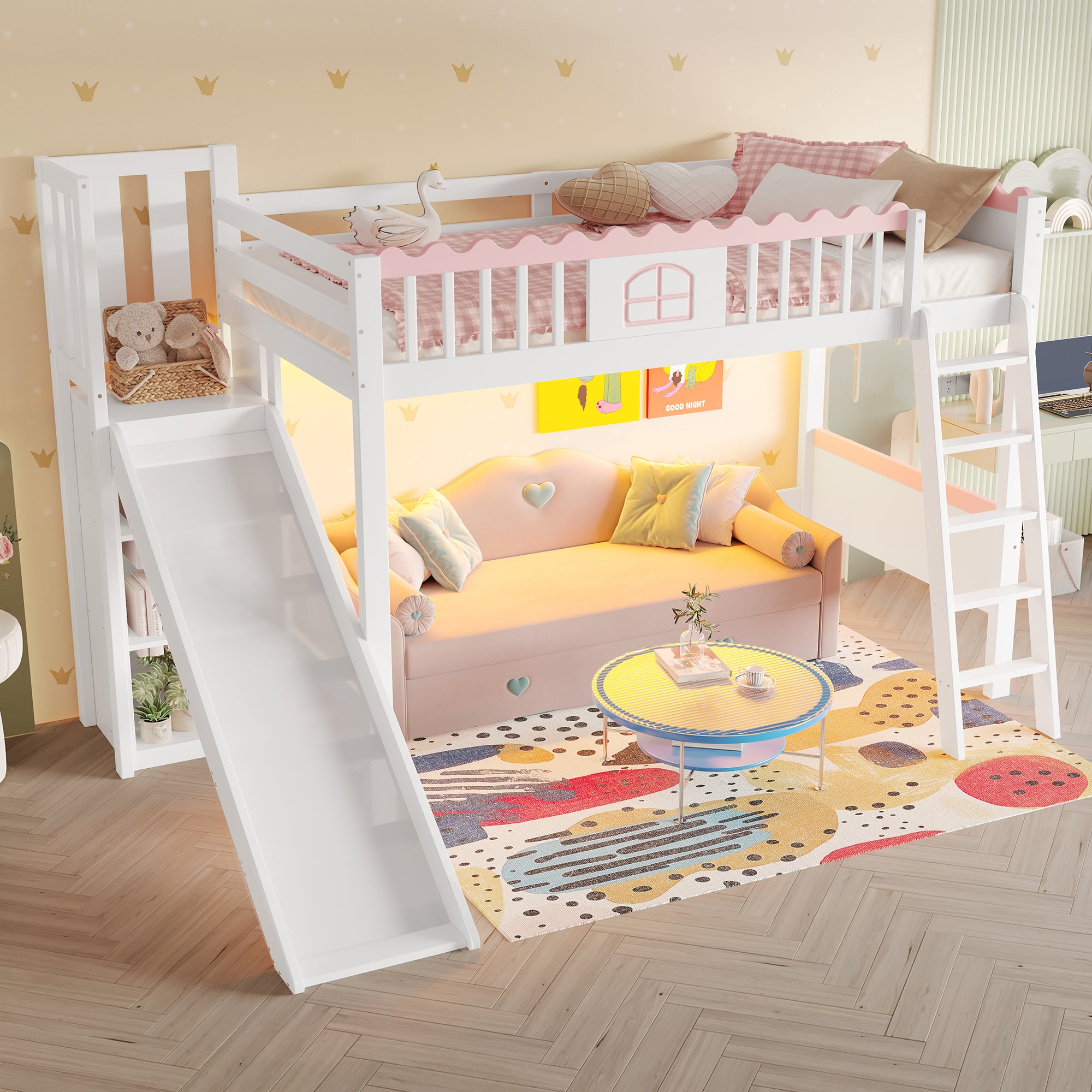 Bunk Bed 90x200cm with Slide, LED Lights, Shelves, EN747 Certified White Pine Wood