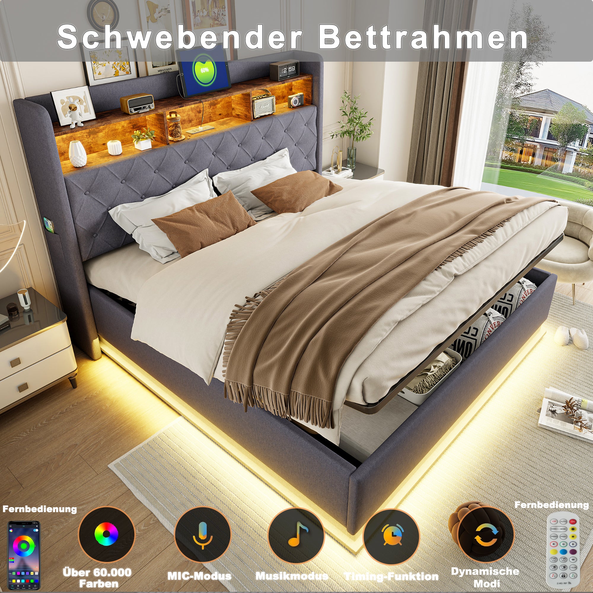 LED upholstered bed with USB and hydraulic storage, linen grey