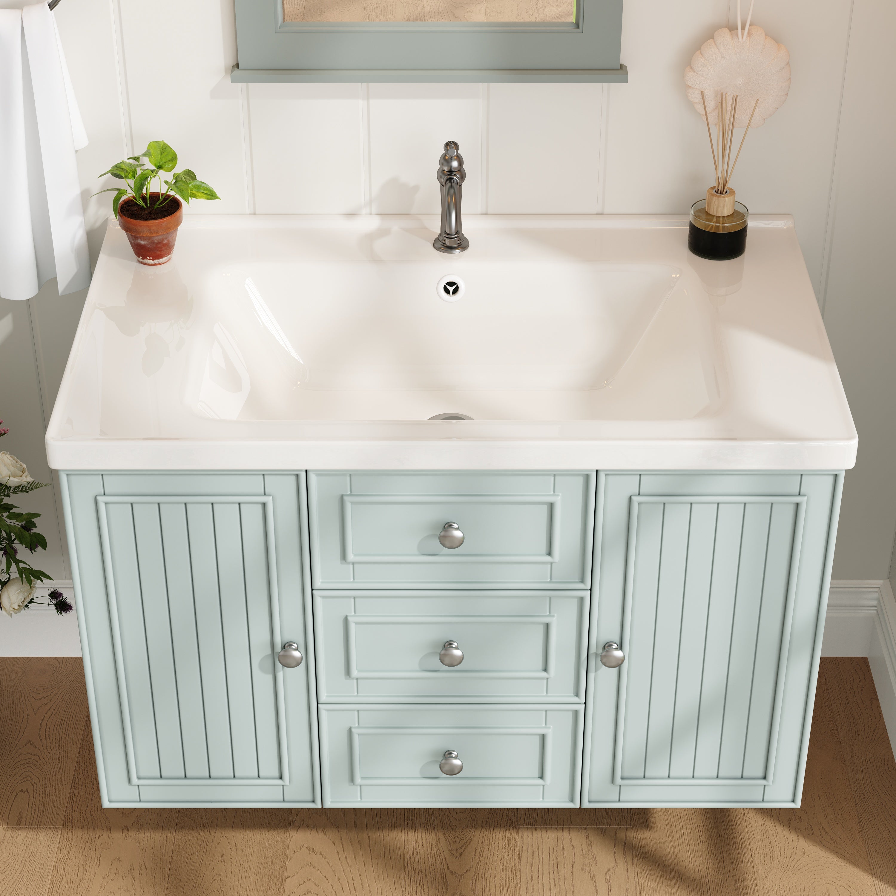 Wall-Mounted Vanity Unit with Sink & 3 Drawers 78.5x46.8cm - Green