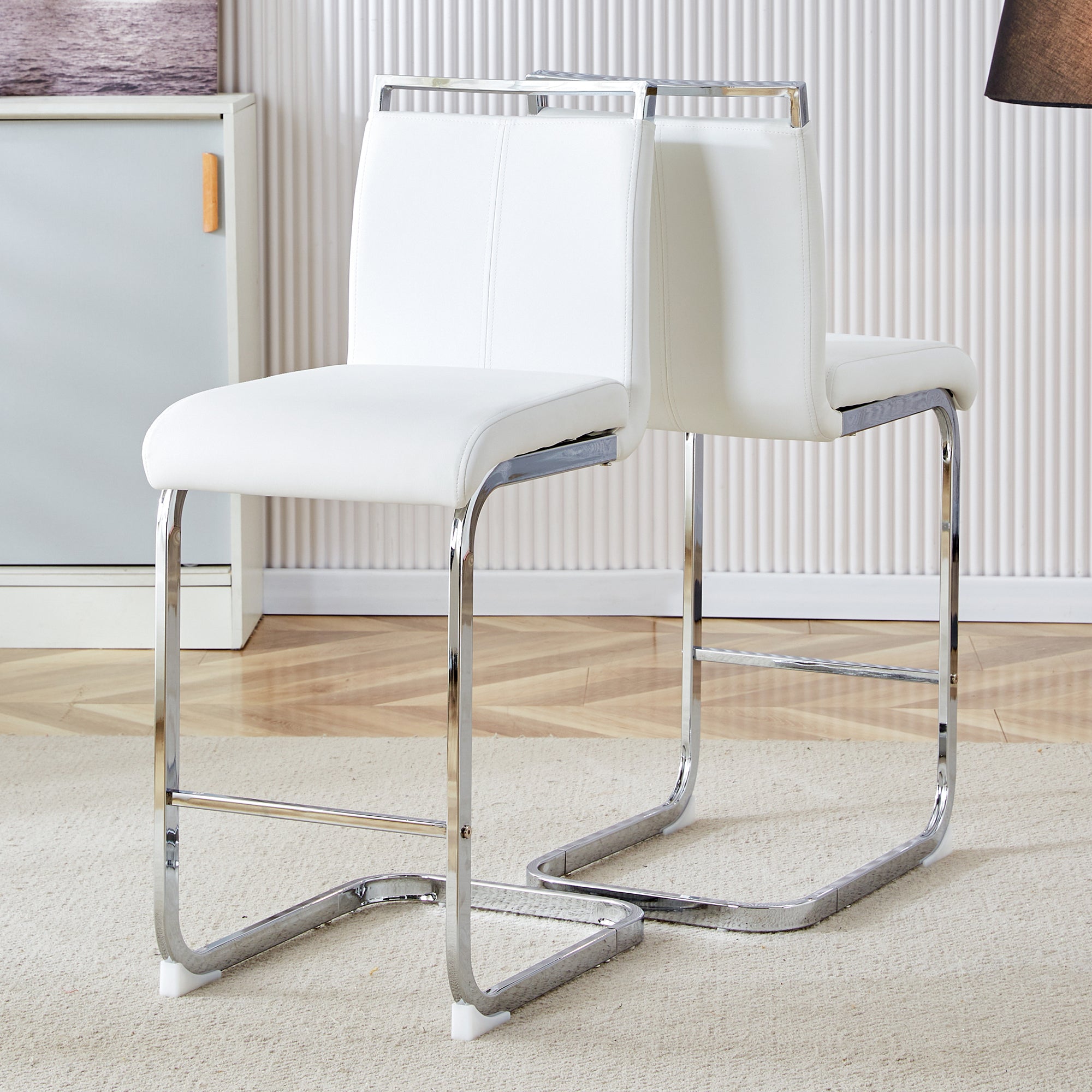 Bar Stools, Nordic Style 2-Piece Set, White Faux Leather/Silver Metal