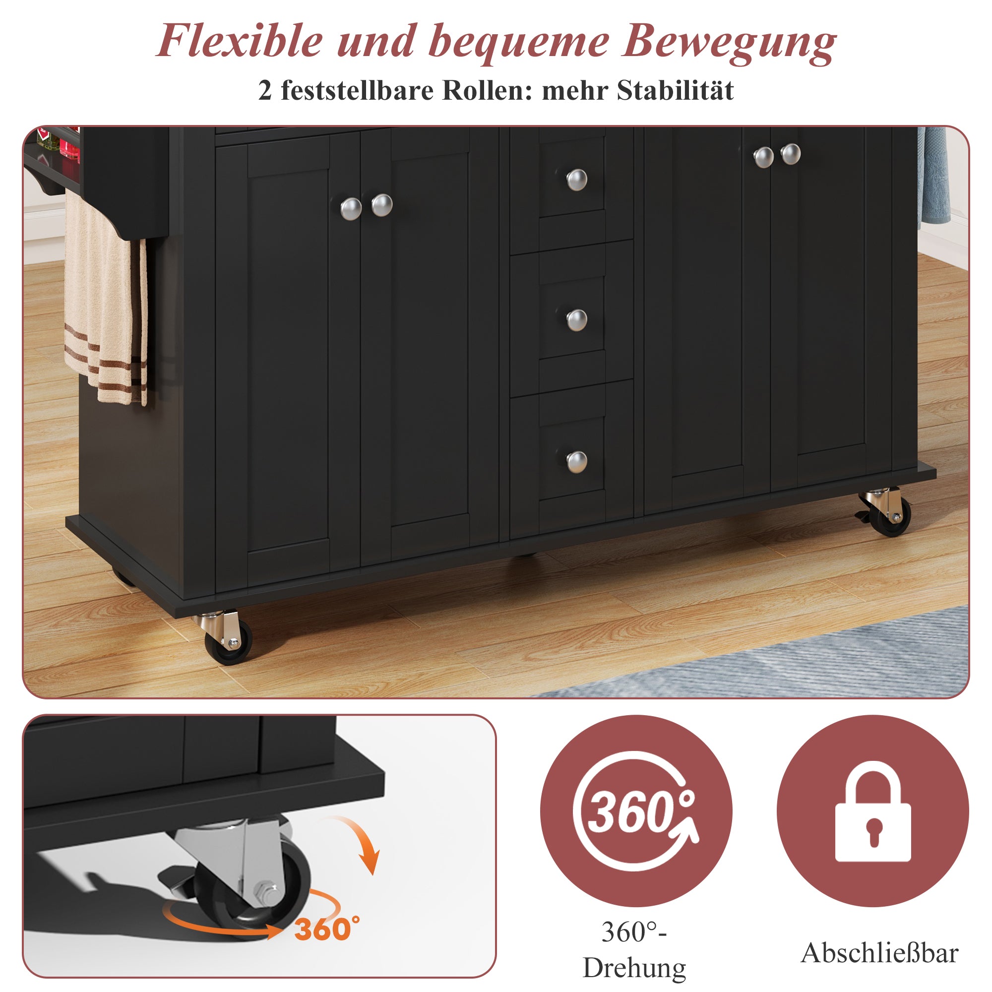 Multifunctional Kitchen Island Mobile Trolley with Extendable Worktop, 5 Drawers & Spice Rack