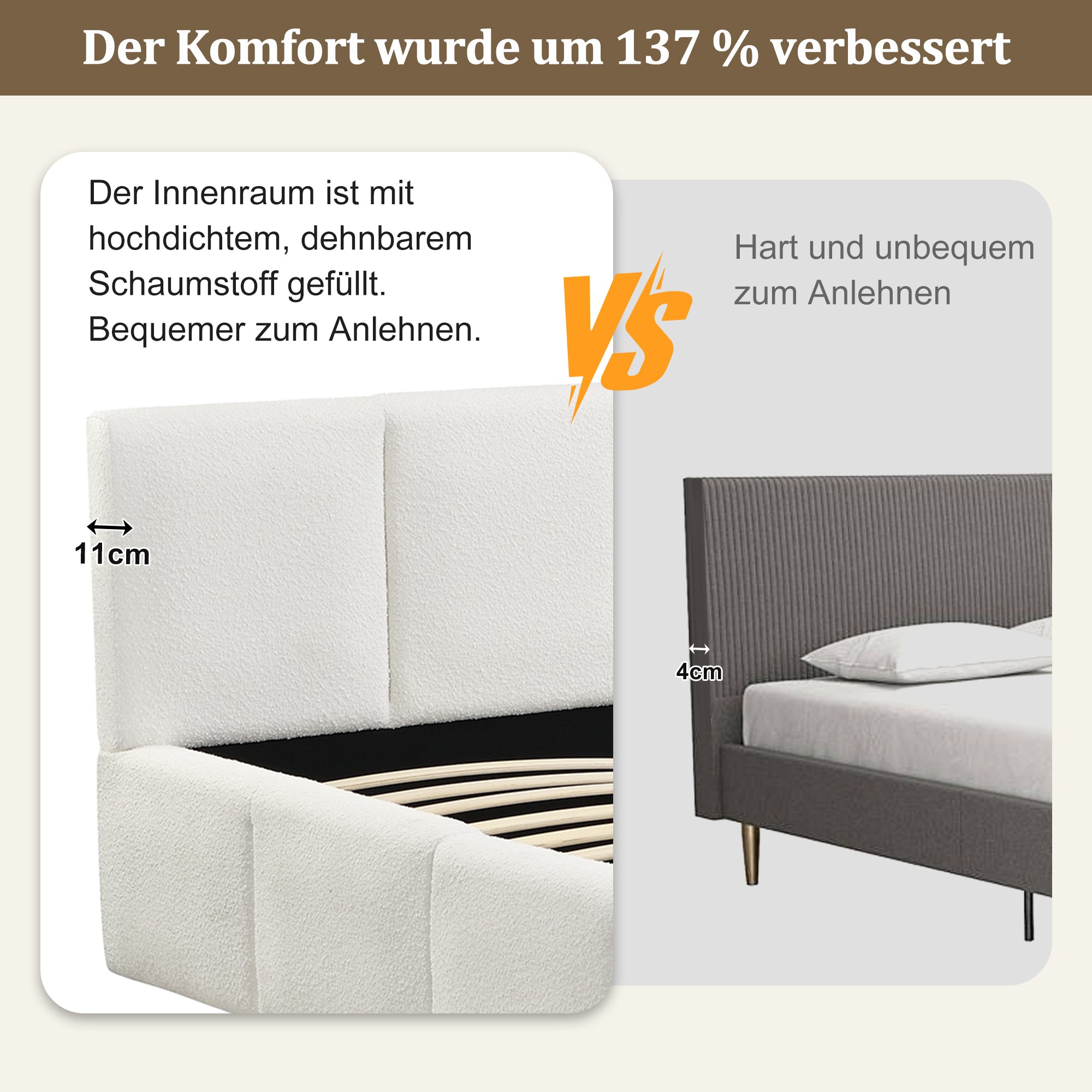 Upholstered Double Bed, 180x200cm Slatted Base Headboard, Beige Bouclé