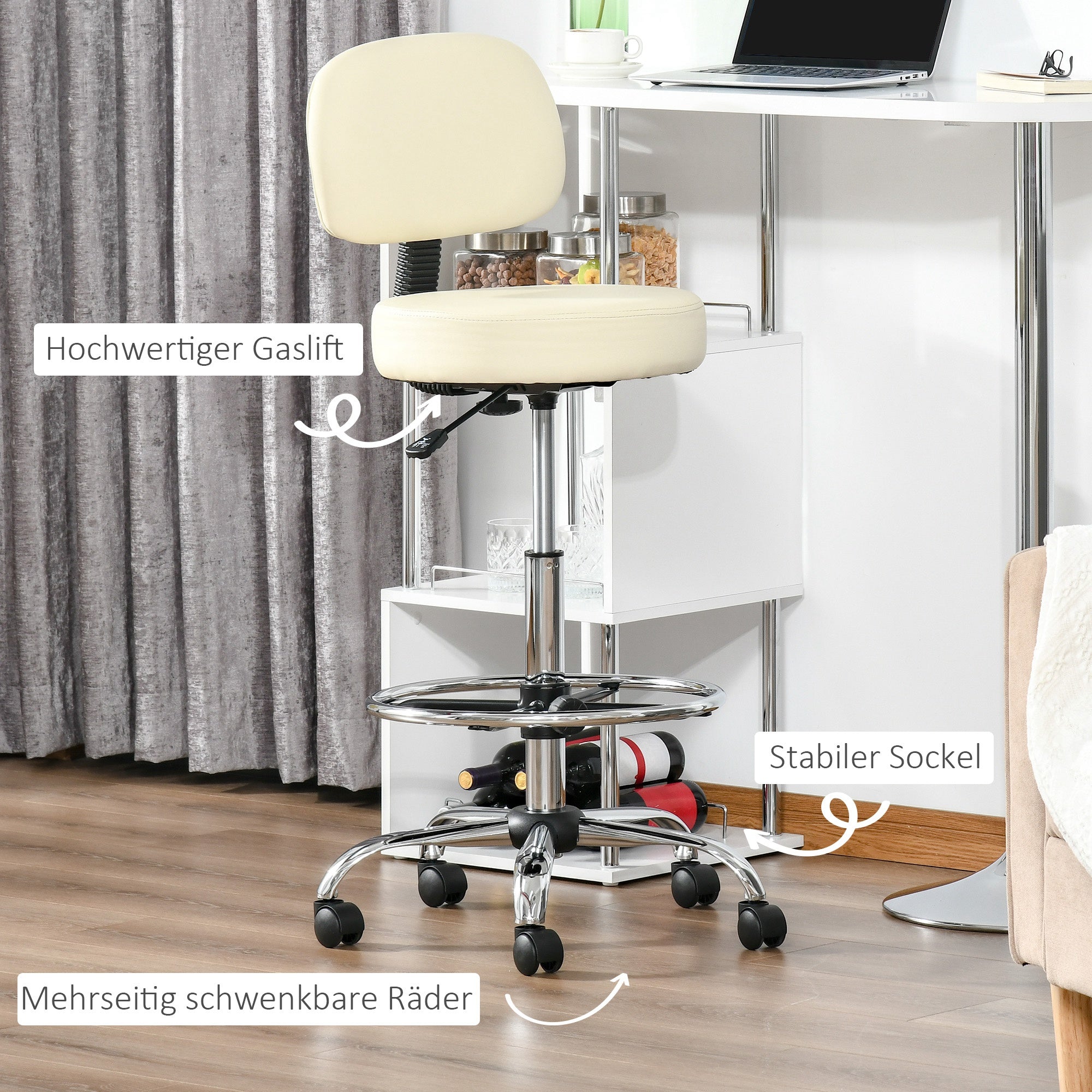 Swivel Bar Stool, Height Adjustable with Backrest, PU Leather Beige