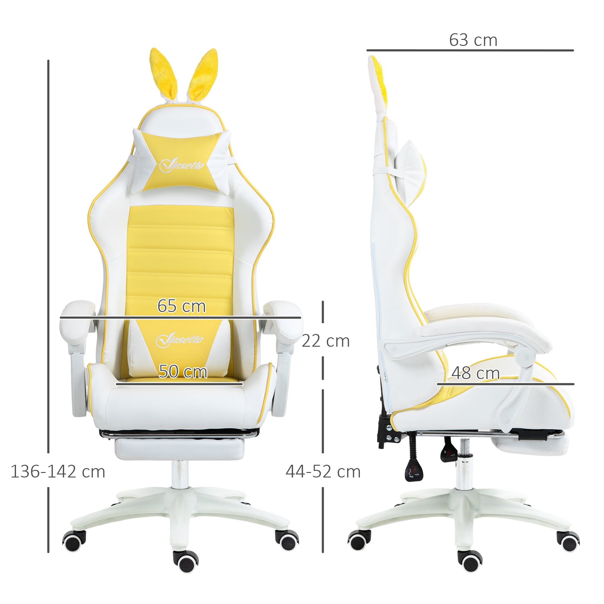 Racing Gaming Chair Reclining with Rabbit Ears Footrest Faux Leather Yellow