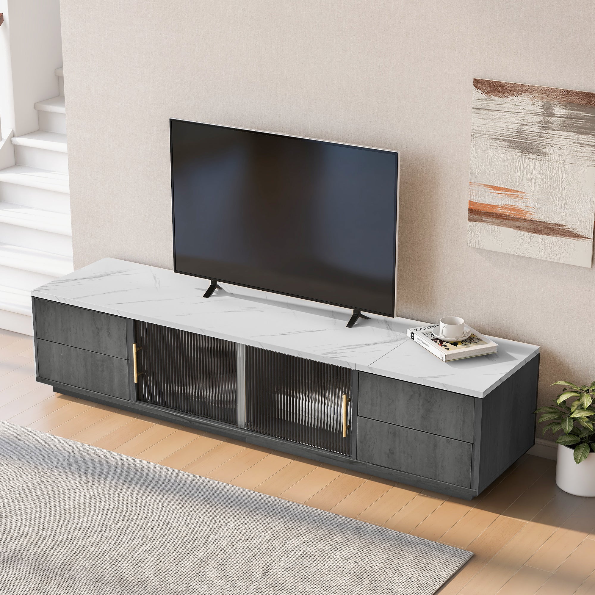 160cm Deluxe TV Stand for 70" TV, Cable Management, Push-to-Open Drawers, Grey Marbled