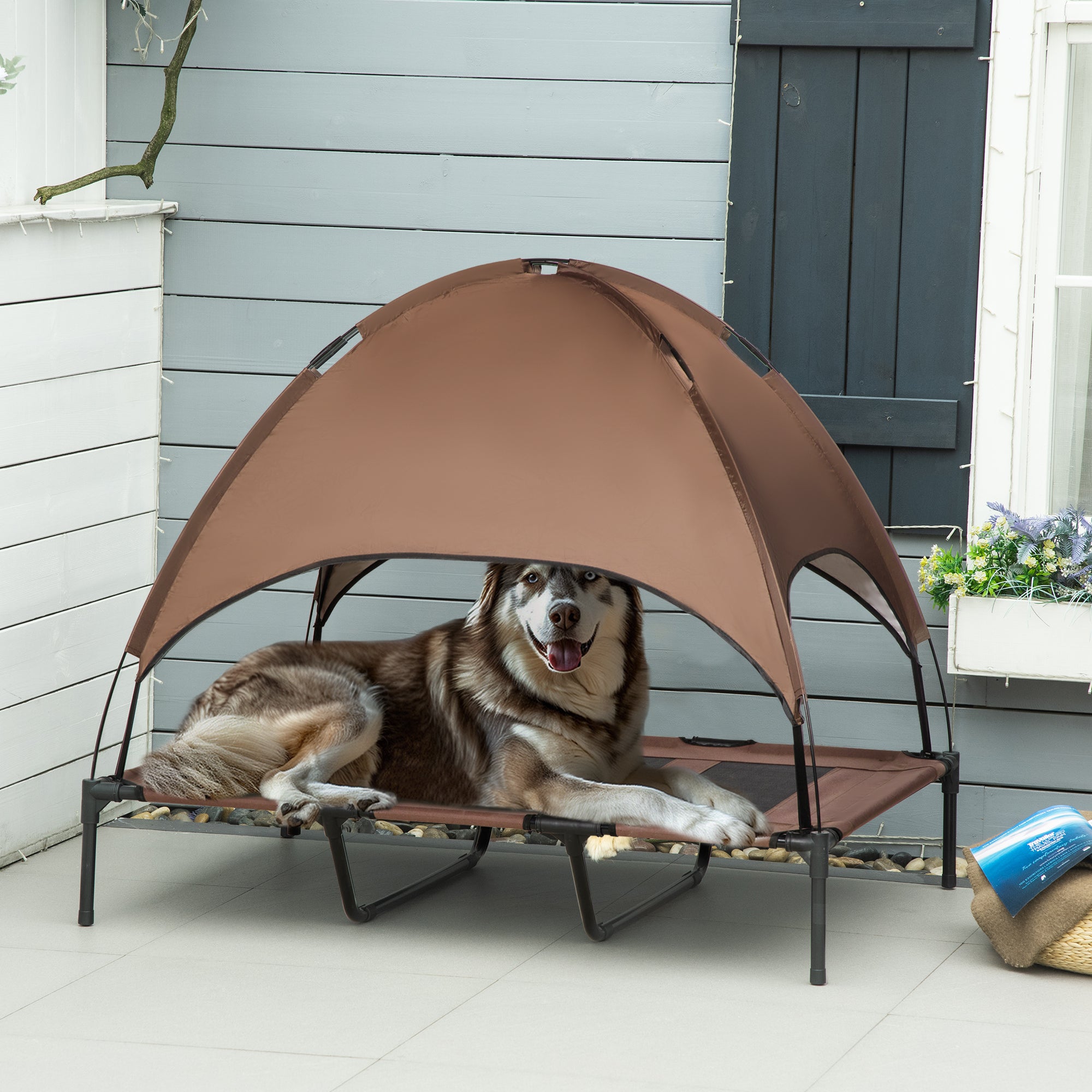 Pet Bed with Canopy, Elevated Outdoor Breathable, Taffeta Coffee