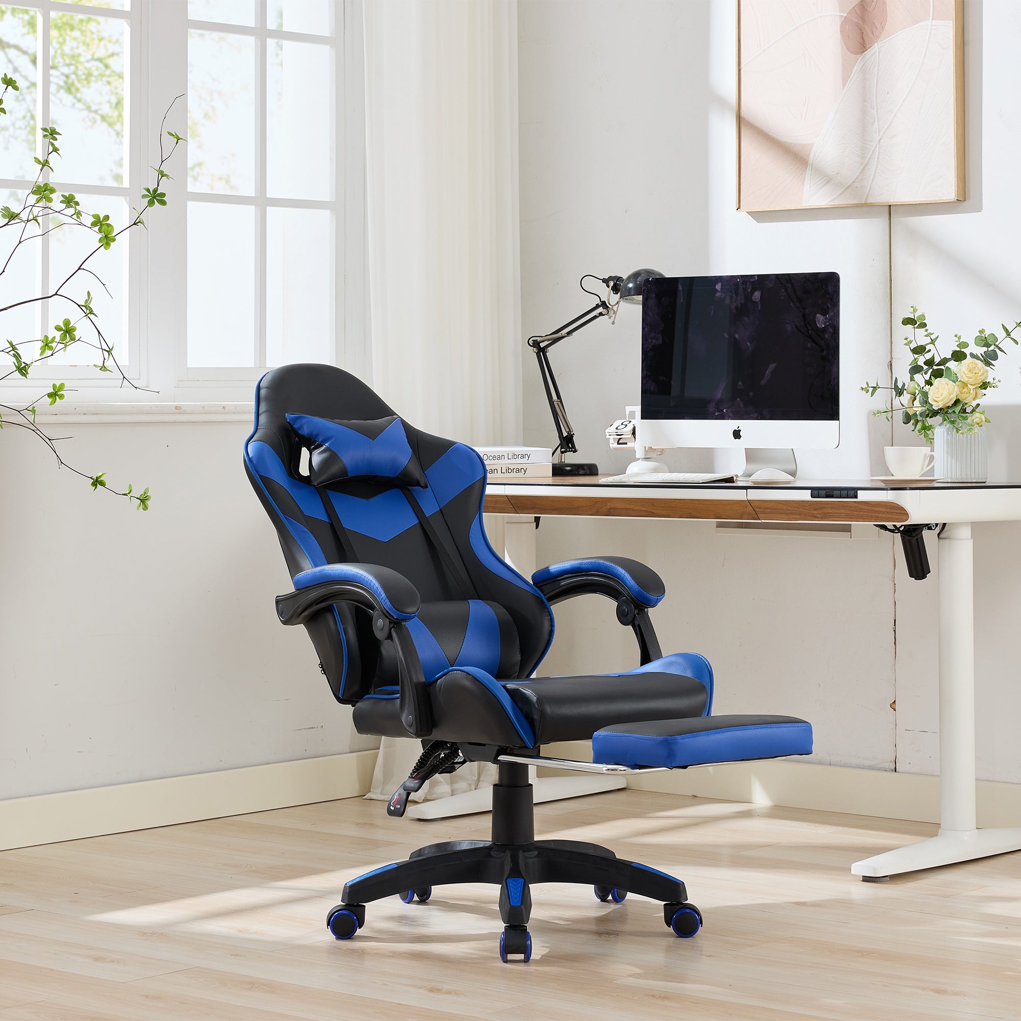 Gaming Chair, 360° Swivel High-Back with Footrest & Lumbar Support, Black & Blue Leather
