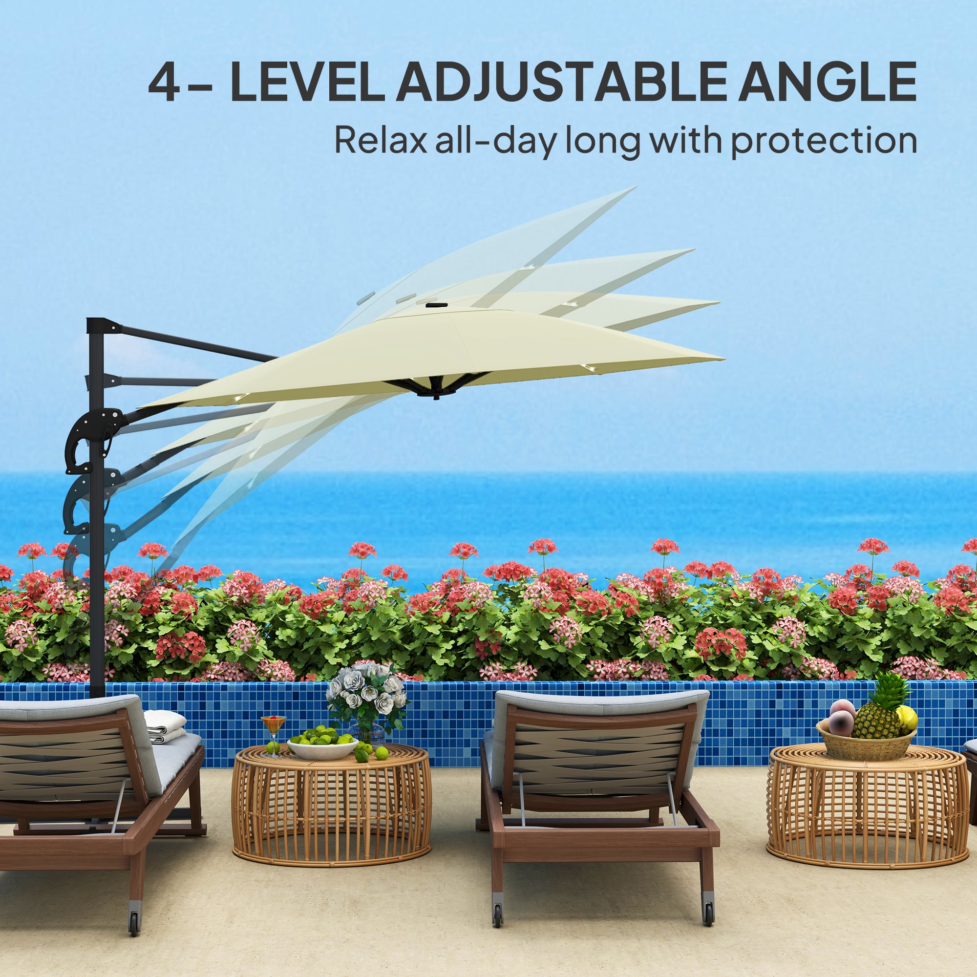 Cantilever Garden Parasol with Solar Lights, 360° Rotation, Cream