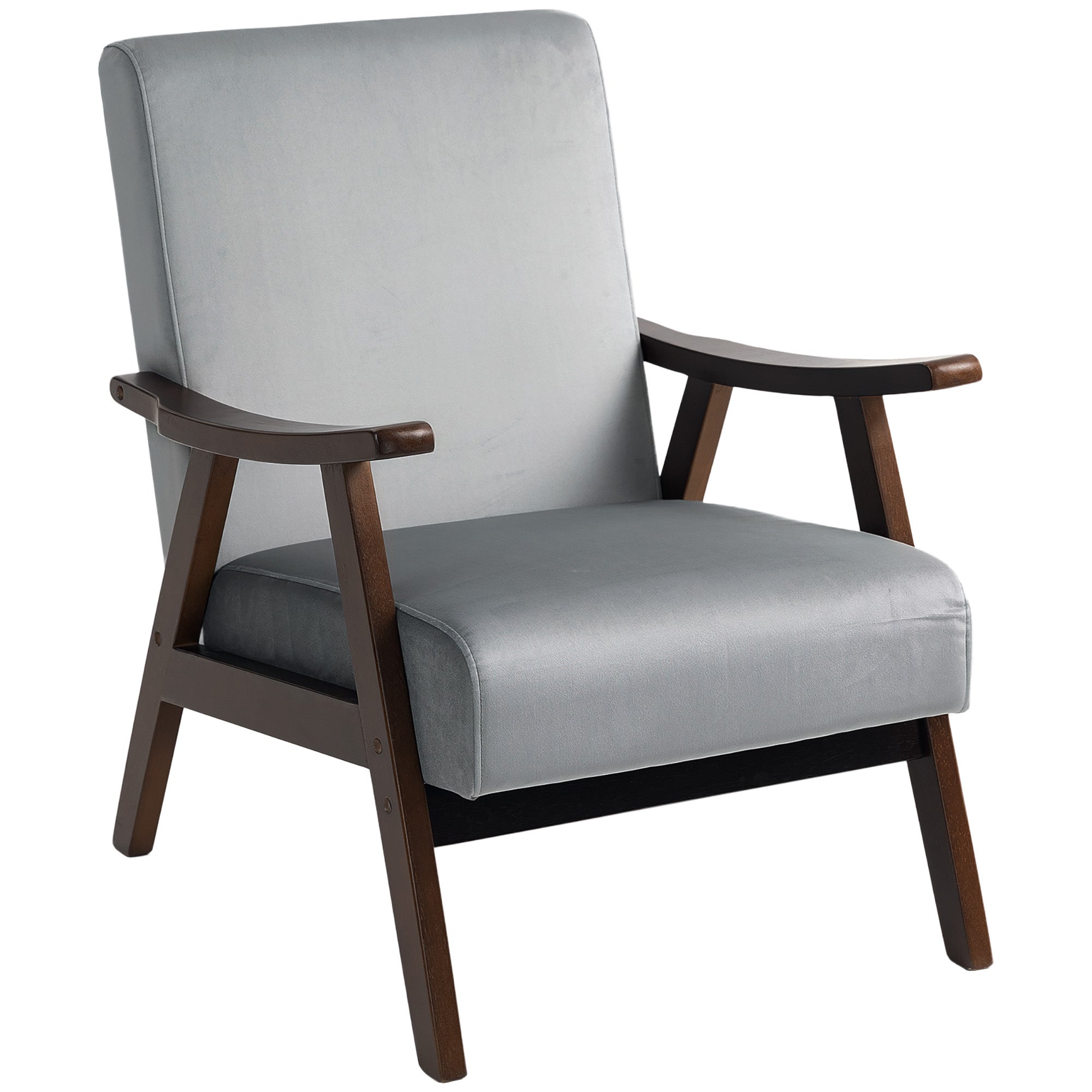 Nordic Accent Chair, Upholstered Armchair with Solid Wood Frame, Velvet Grey