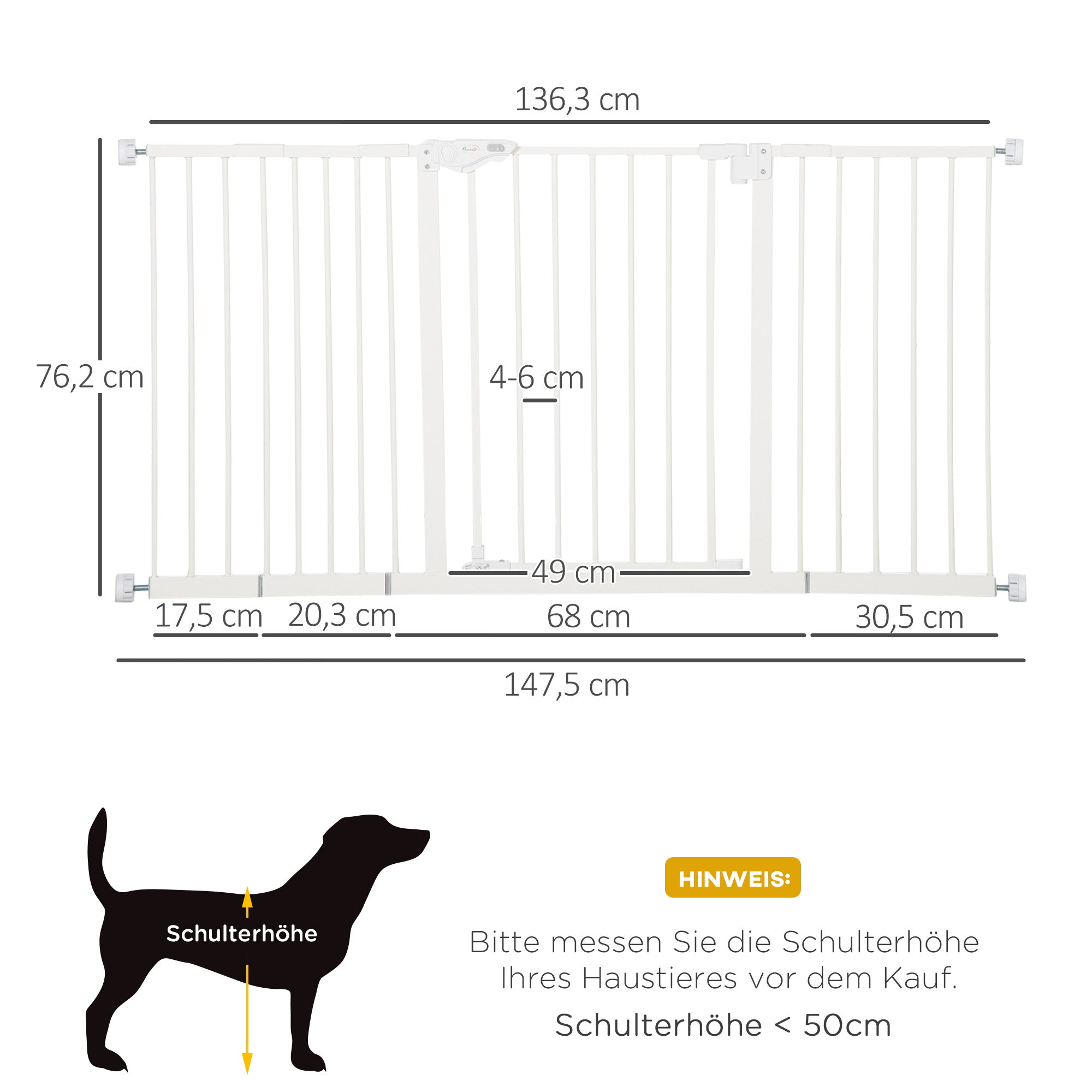 Door Safety Gate, Pet Barrier 74-147.5cm 3 Extensions No Drilling Stair Gate, Metal White