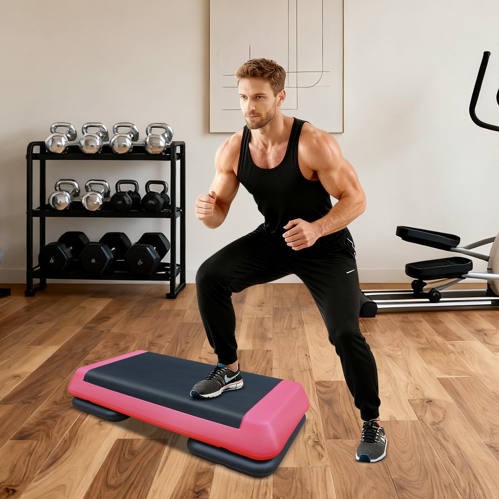 Aerobic Stepper, 76cm/28.5" Adjustable Workout Platform with 2 Risers, Red Black