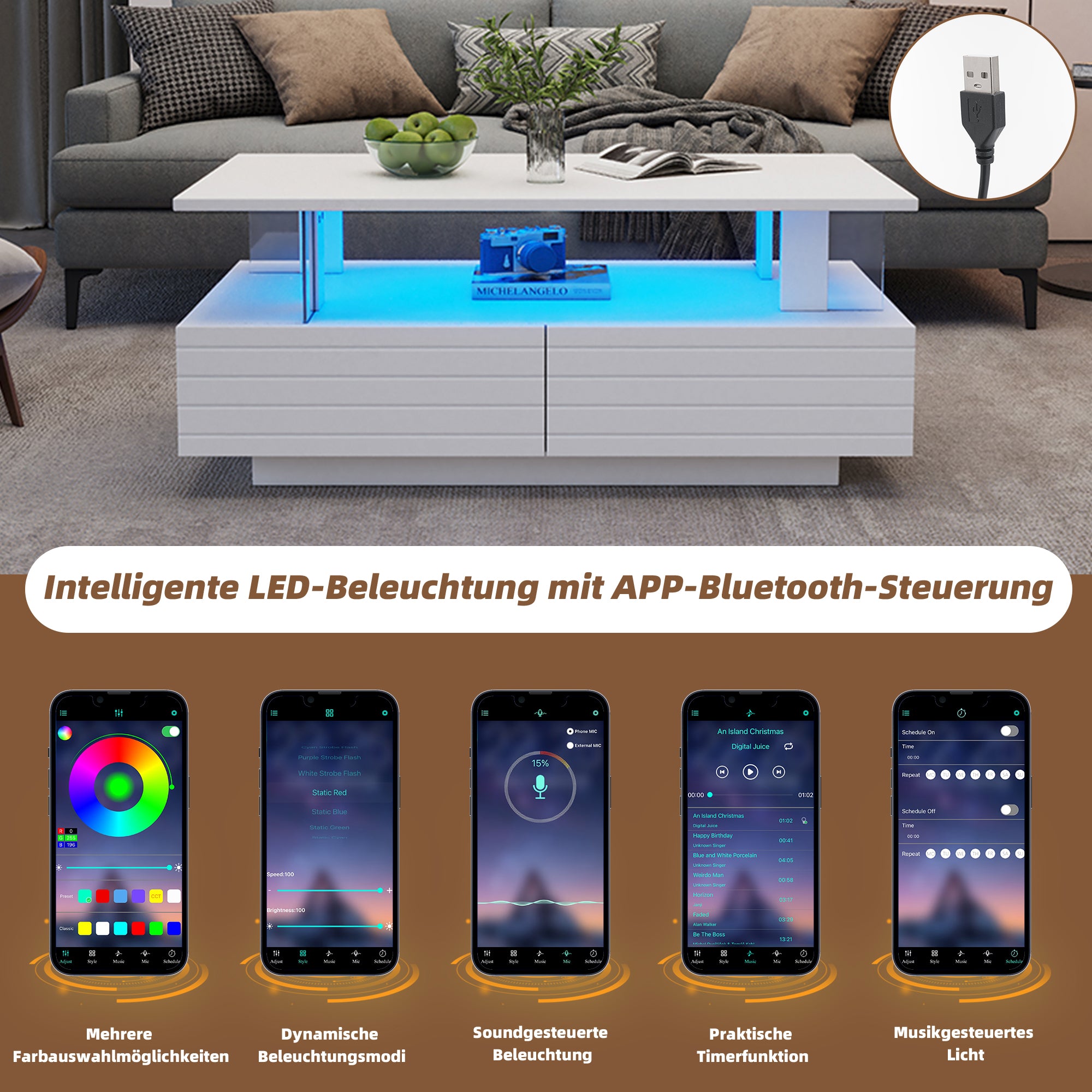 LED Coffee Table, Storage, Double-Layer Rectangular with Bluetooth App, White
