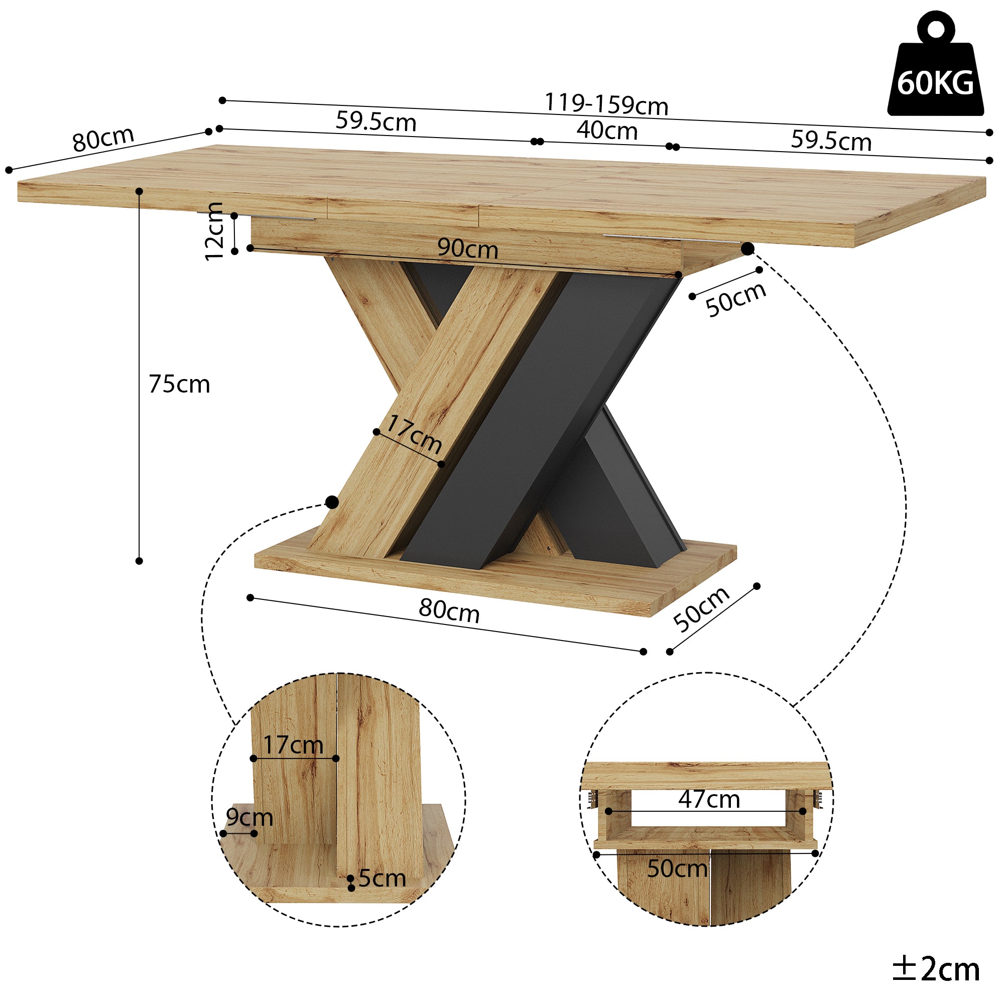 Telescopic Dining Table 119-158.5x80cm Extendable X-Legs - Wood Color