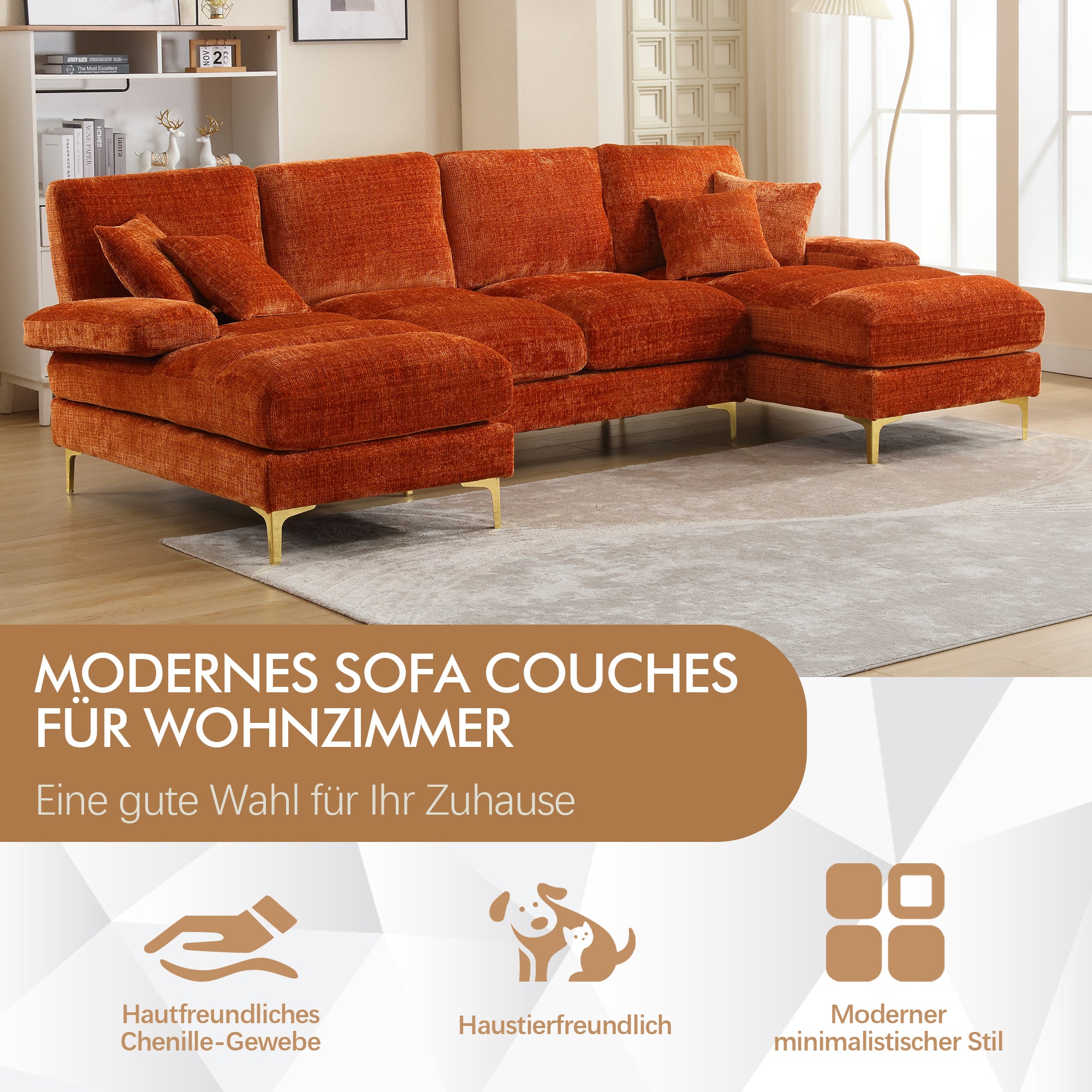 Sofa, Modern Large U-Shape Sectional with Double Reclining Seats, Chenille Orange