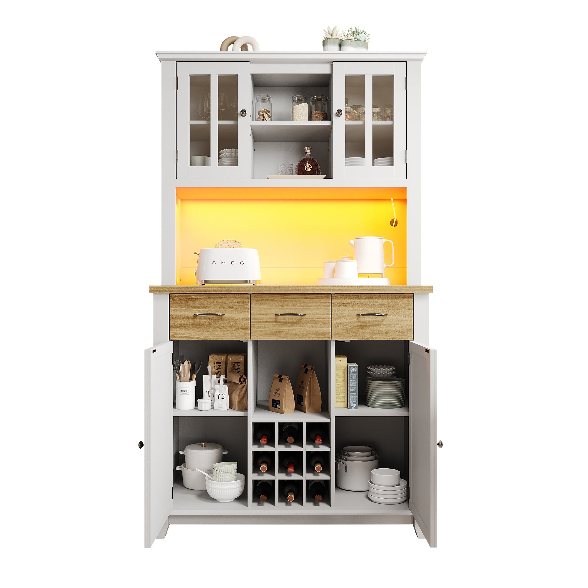 Tall Kitchen Buffet Display Cabinet Adjustable Shelves LED Lighting Wood-Colored Drawers