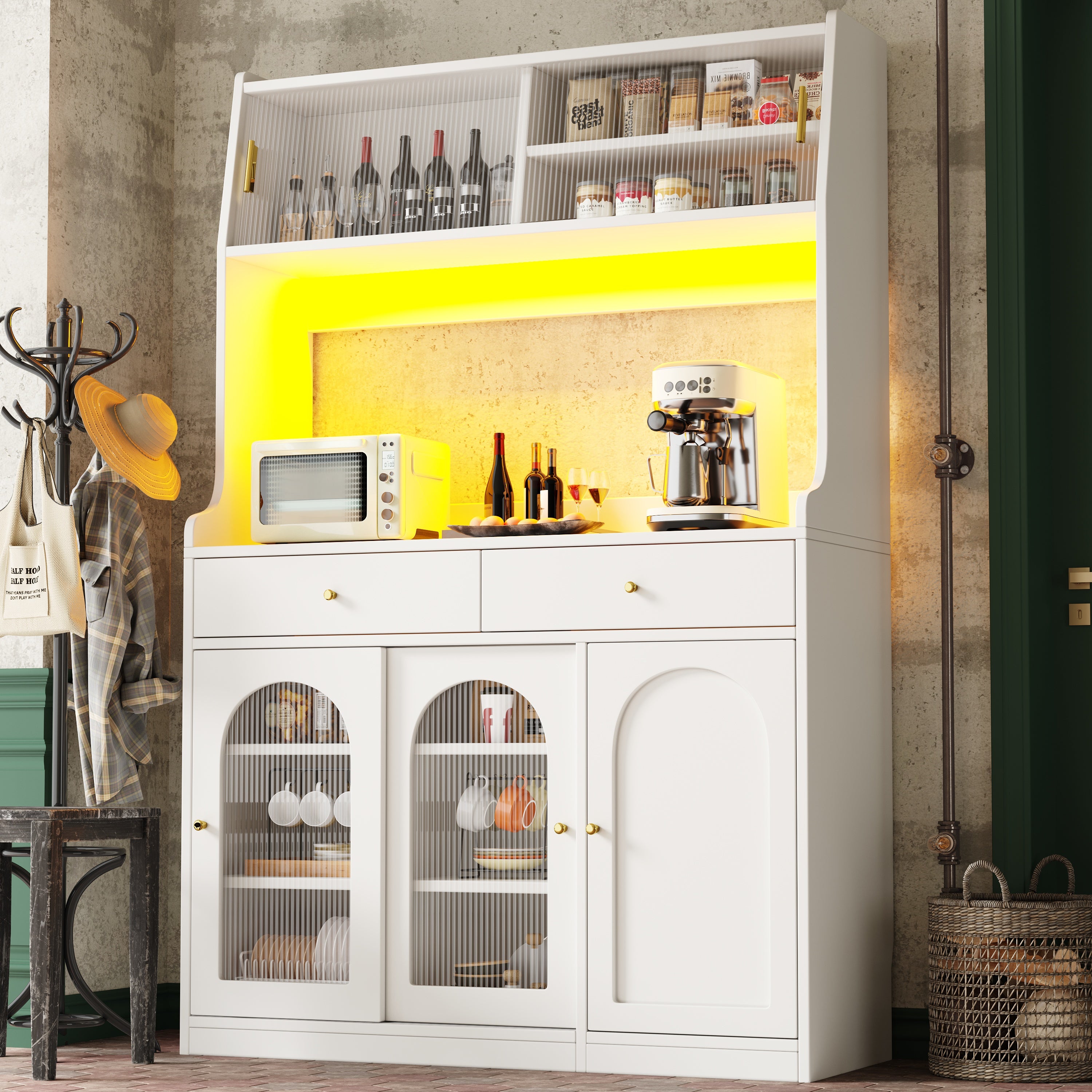 Tall Kitchen Cabinet Buffet Sideboard, Display Storage Adjustable Shelves 2 Drawers LED Lighting - White