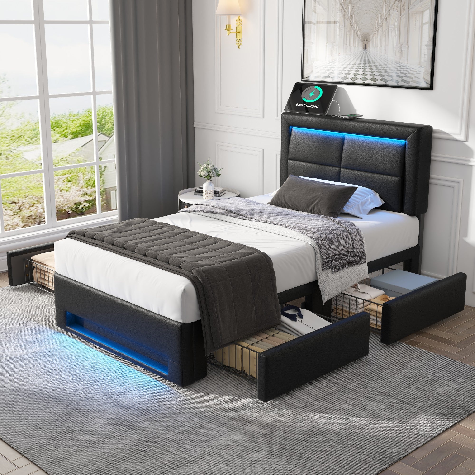 Upholstered Bed 90x190cm USB Charging LED Lighting 4 Drawers - PU Lychee Black