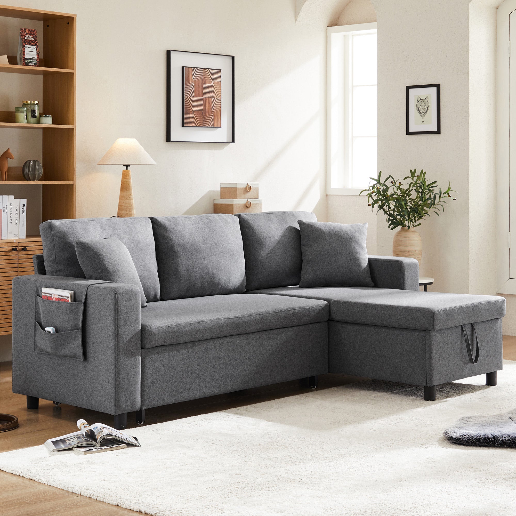 Sleeper Sofa L-Shaped Chaise Longue Storage Pocket Reversible