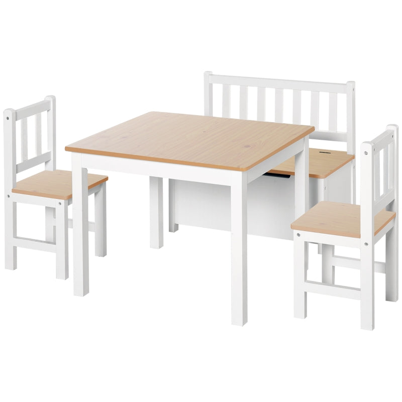 4-Piece Kids Table and Chair Set with 2 Wooden Chairs and Storage Bench, Beige/White