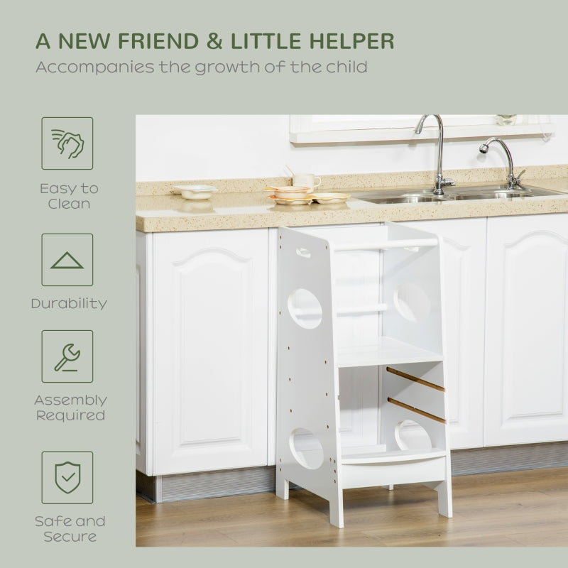 Toddler Step Stool Adjustable Standing Tower with Safety Rail, White MDF