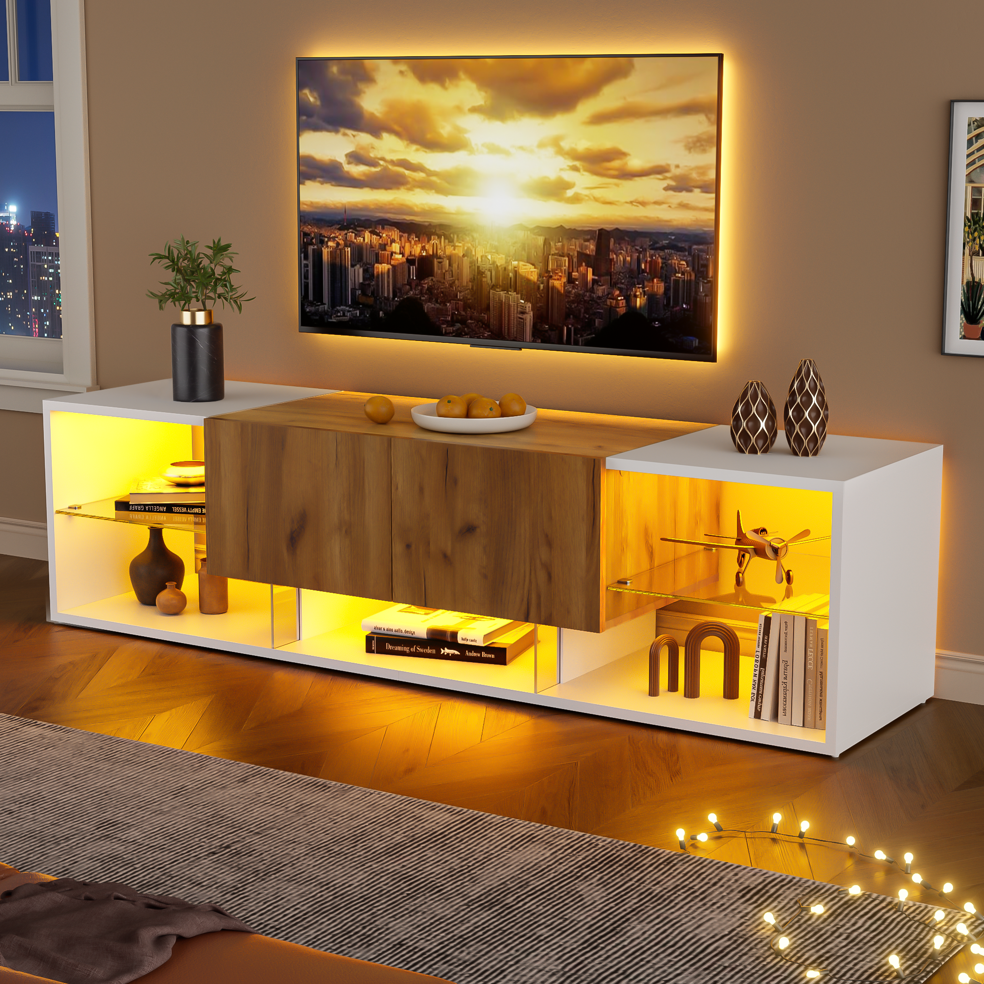 TV Stand 2-Drawer LED for 70 Inch TV, Wood and White MDF