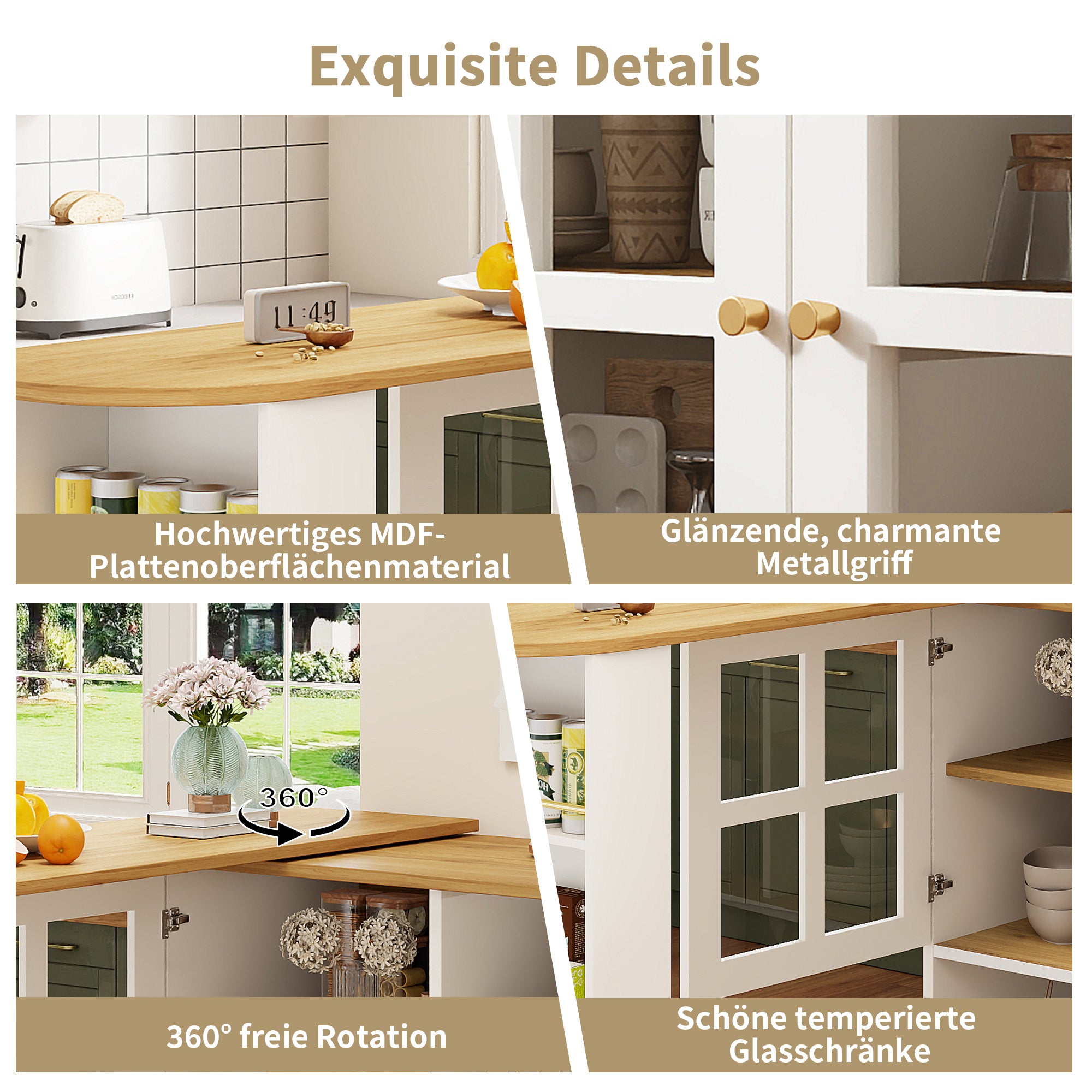 360° Rotating Sideboard - Multifunctional Dining Bar, 5 Shelves & Glass - White