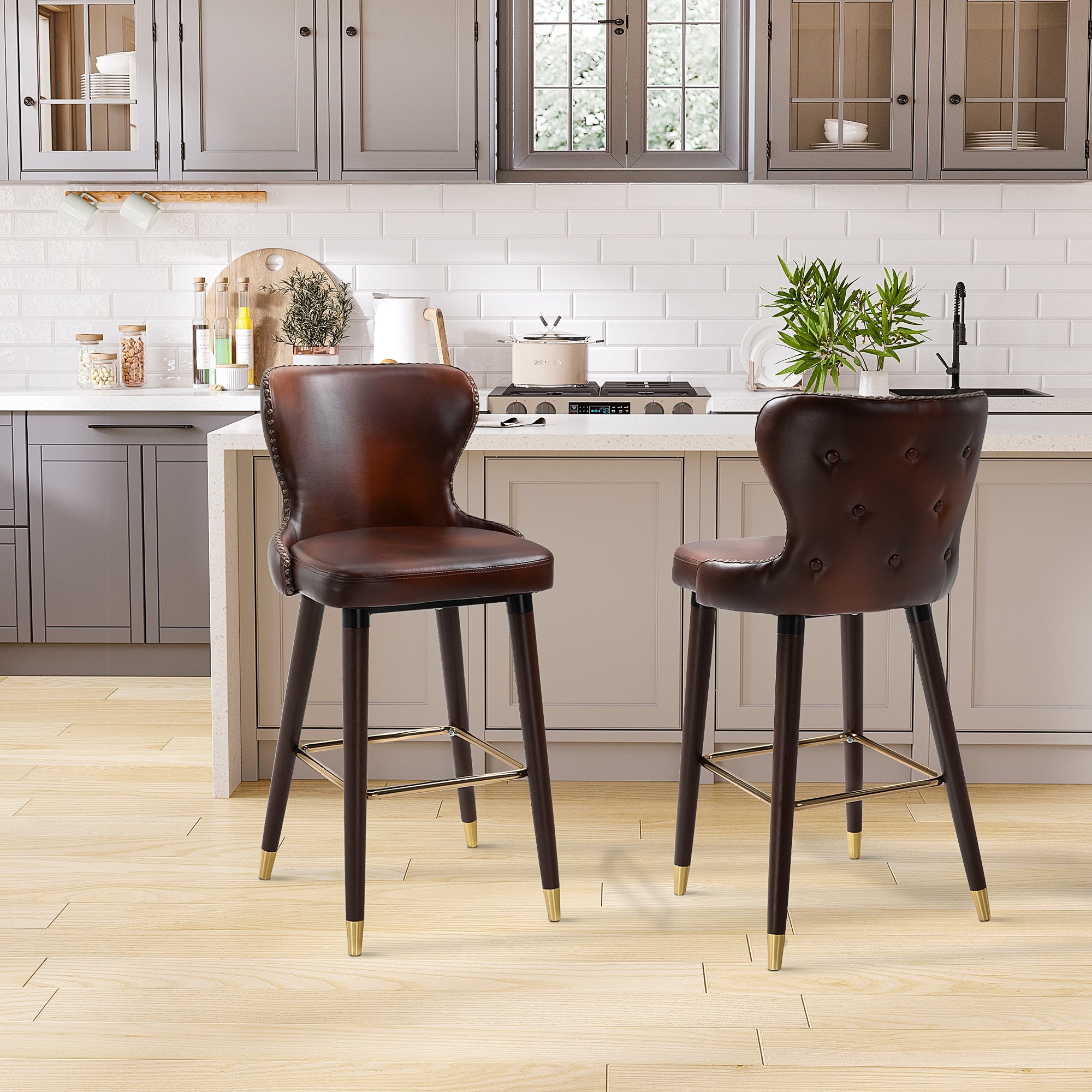 Bar Stool Set of 2, Bistro Chairs Footrest Backrest, PU Brown