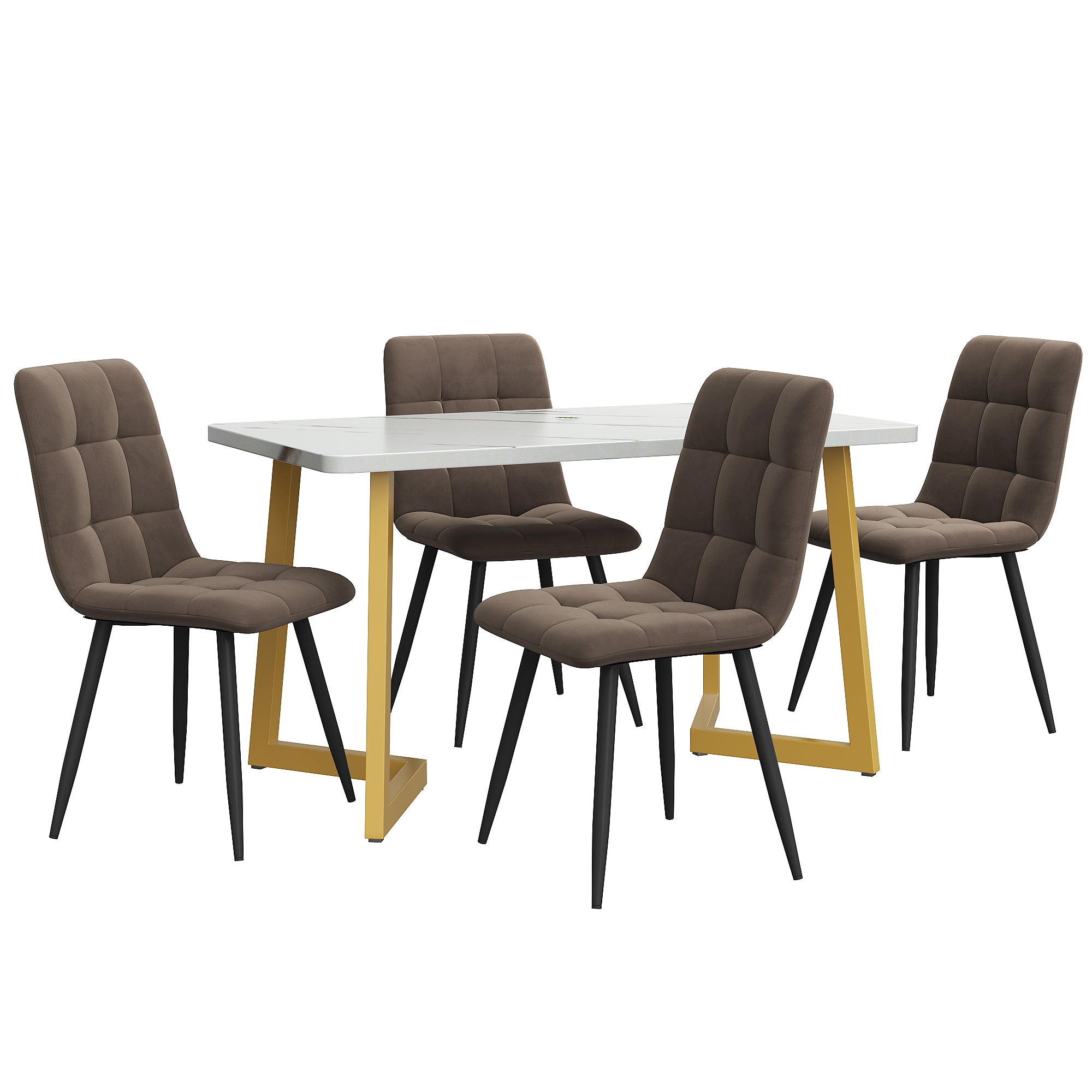Dining Set, 117x68cm with 4 Chairs, Brown Velvet & Golden Legs