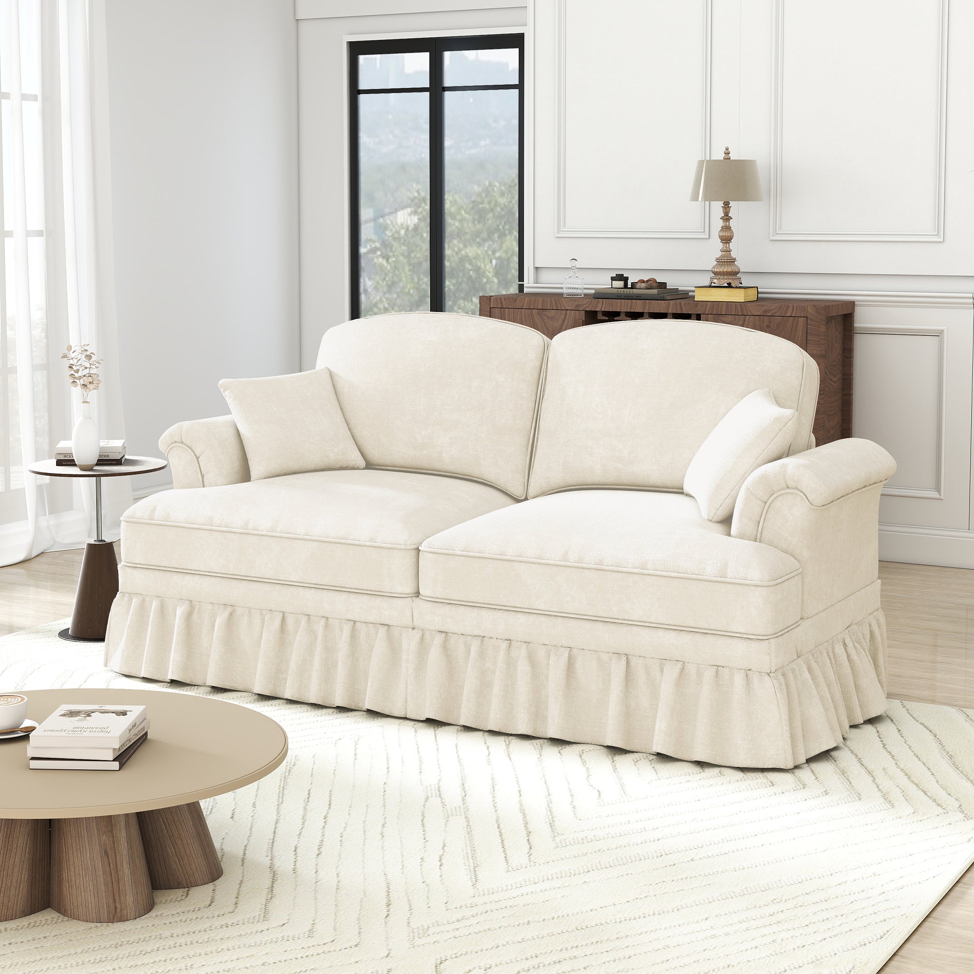 2-Seater Sofa, Medieval-Modern Flared Armrests Removable Valance, White Chenille