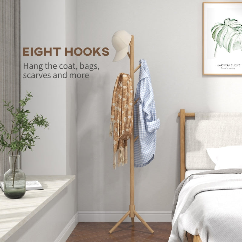 Eight-Hook Coat Rack Stand, Wooden - Natural