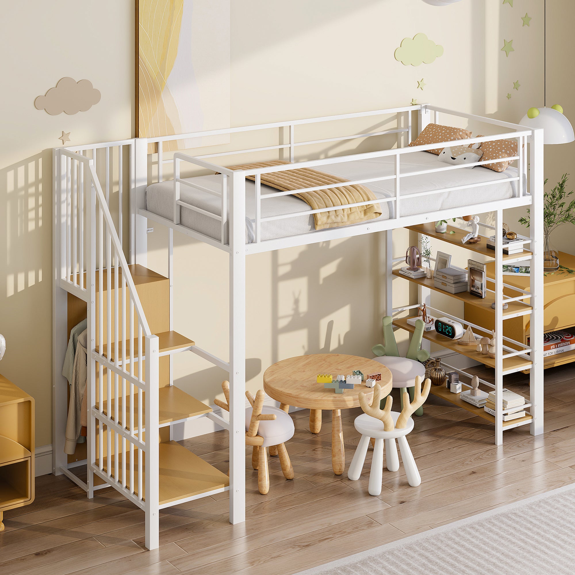 Loft Bed 90*200, Safety Stairs, Storage & Wardrobe, White