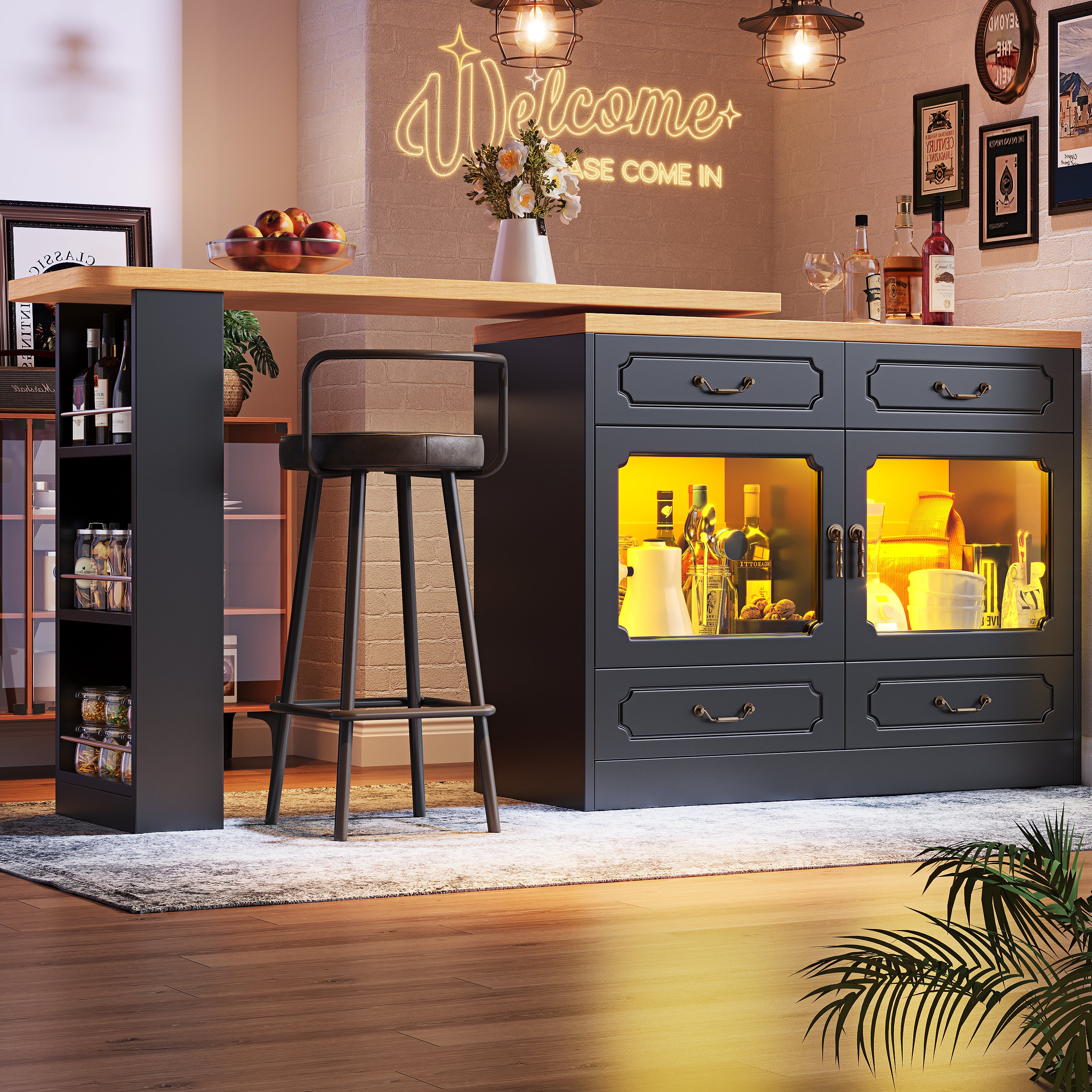 Extendable Bar Table 360° Rotating Storage LED 135-203cm - Black