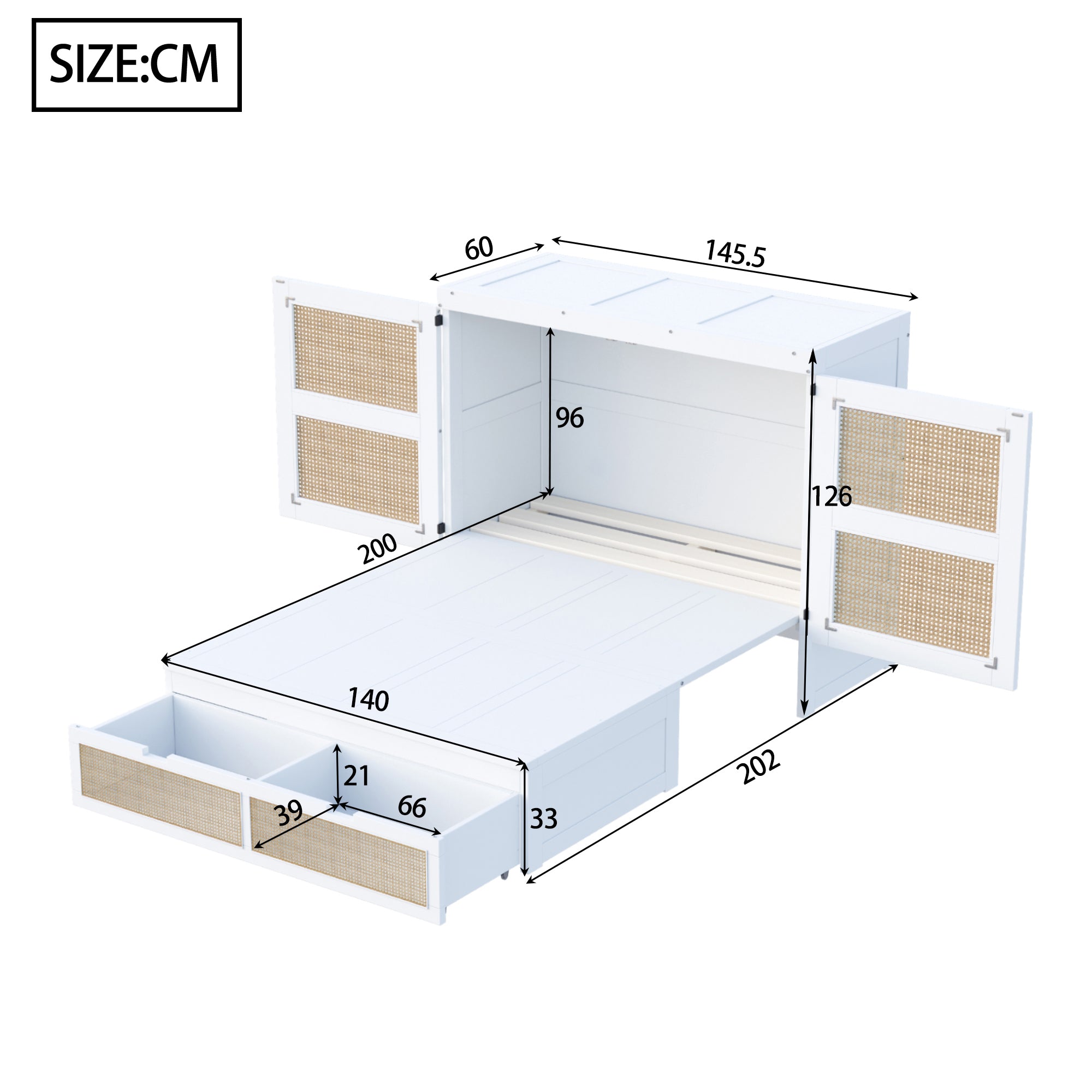 Wall Bed 140x200cm, Vertical with Slatted Frame & Storage Drawers, Rattan Design White
