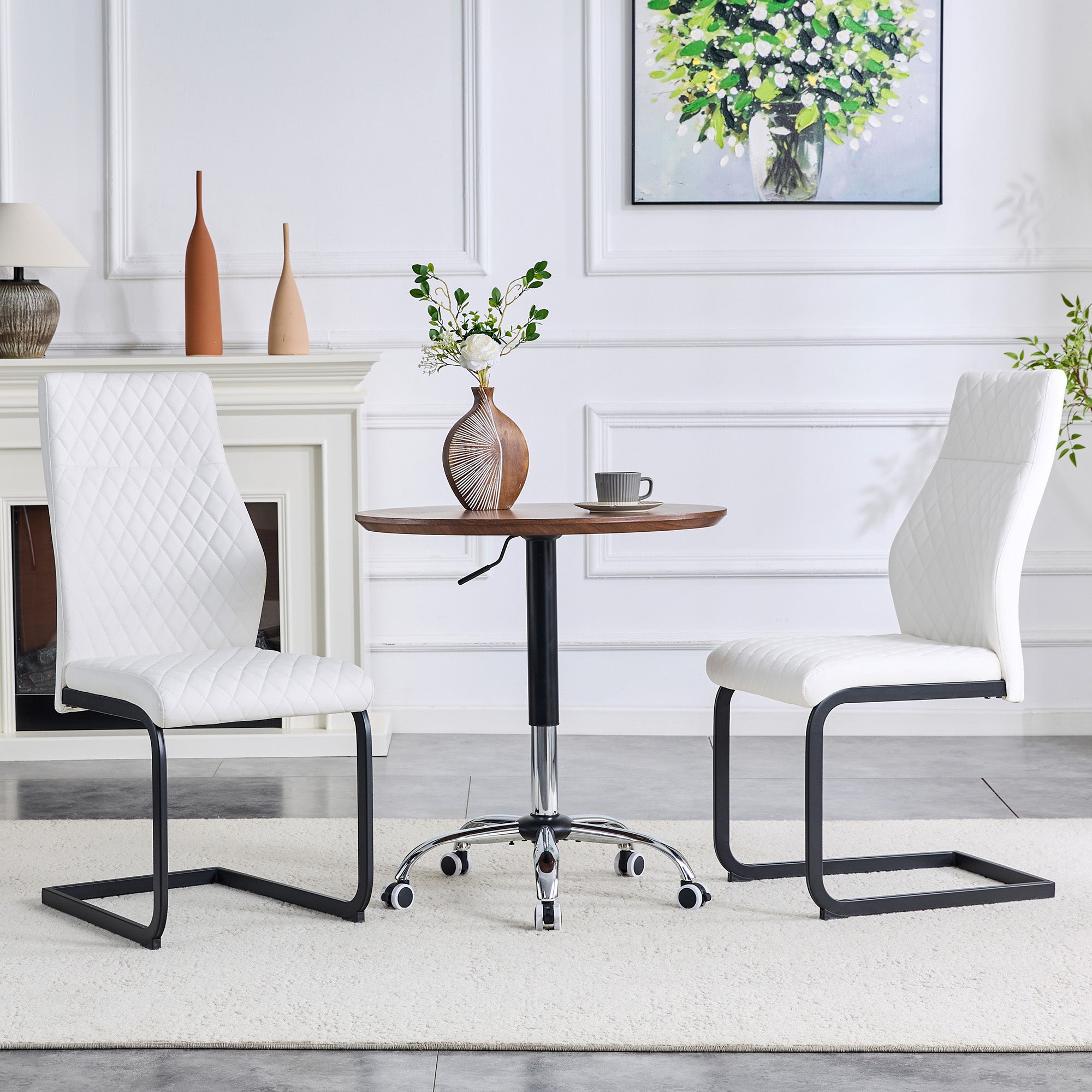 Dining Chairs Set of 2 with High Backrest and Diamond Pattern, White PU Leather and Metal