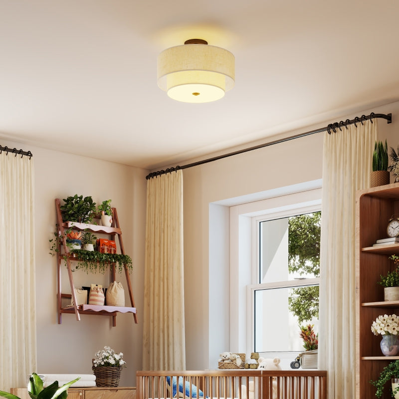Ceiling Lamp, Double Shades, Pendant Light, Linen Look, Cream White