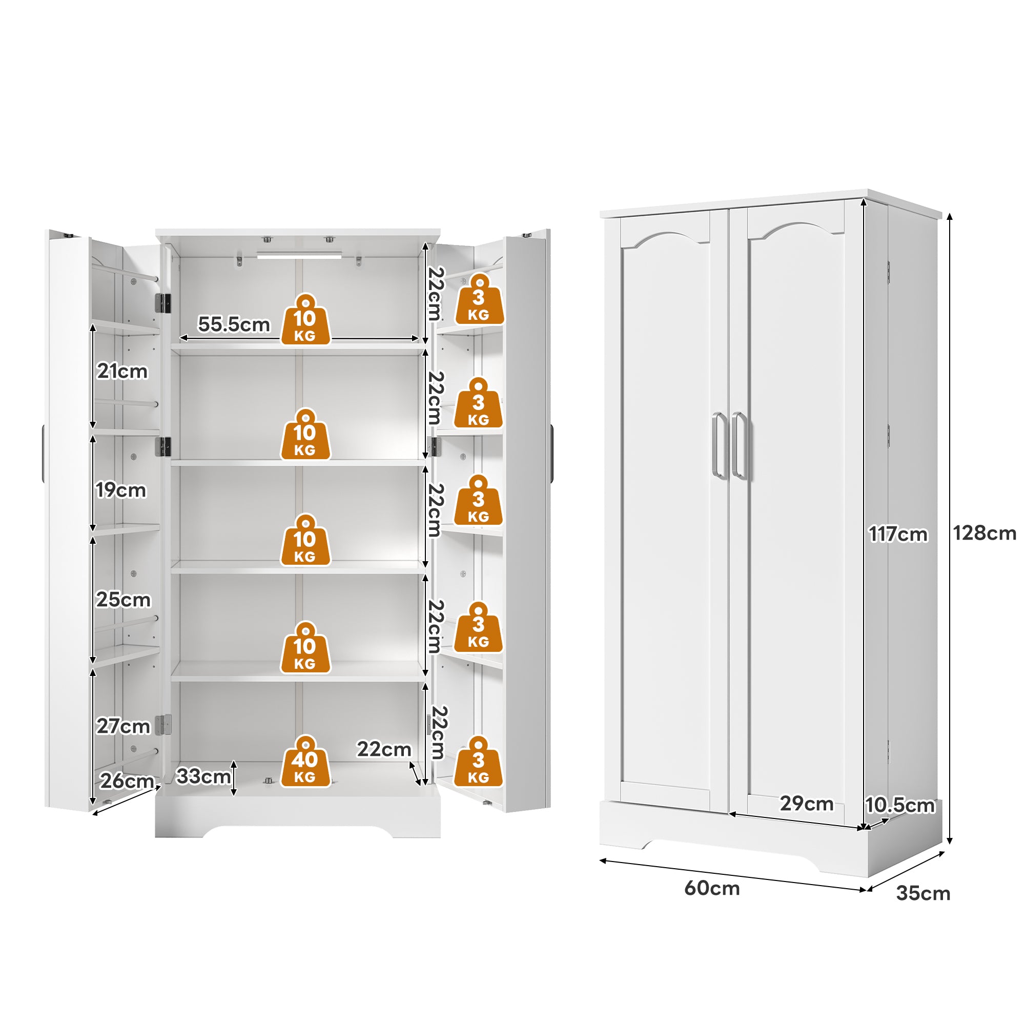 Kitchen Cabinet 60x35x128cm LED Sensor Adjustable Shelves Double Door - White