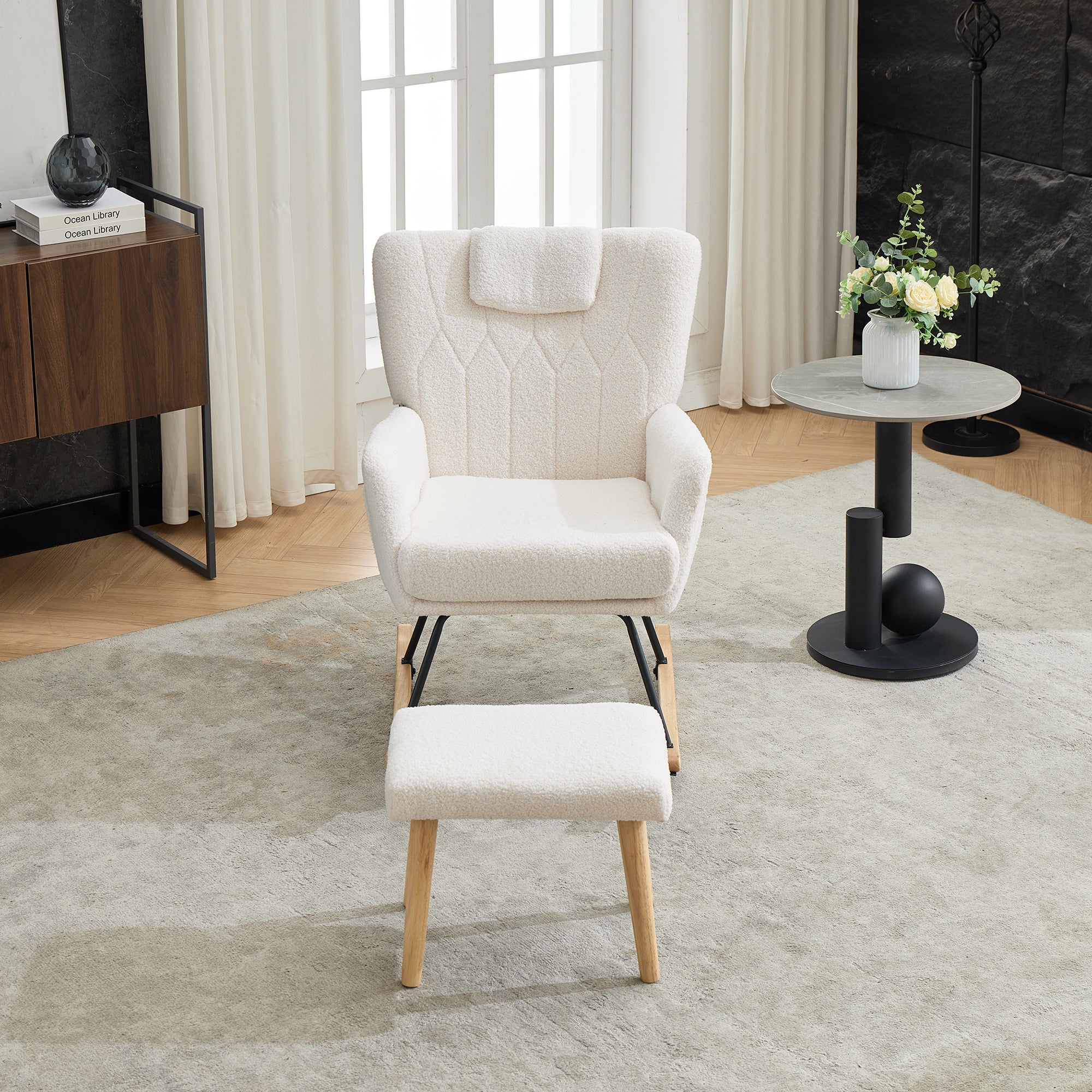Ergonomic Rocking Chair with Footstool, High Backrest, 30-degree Rock, White Rubberwood