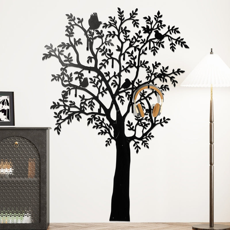 Wall-mounted Coat Rack Tree Design with Birds, Black