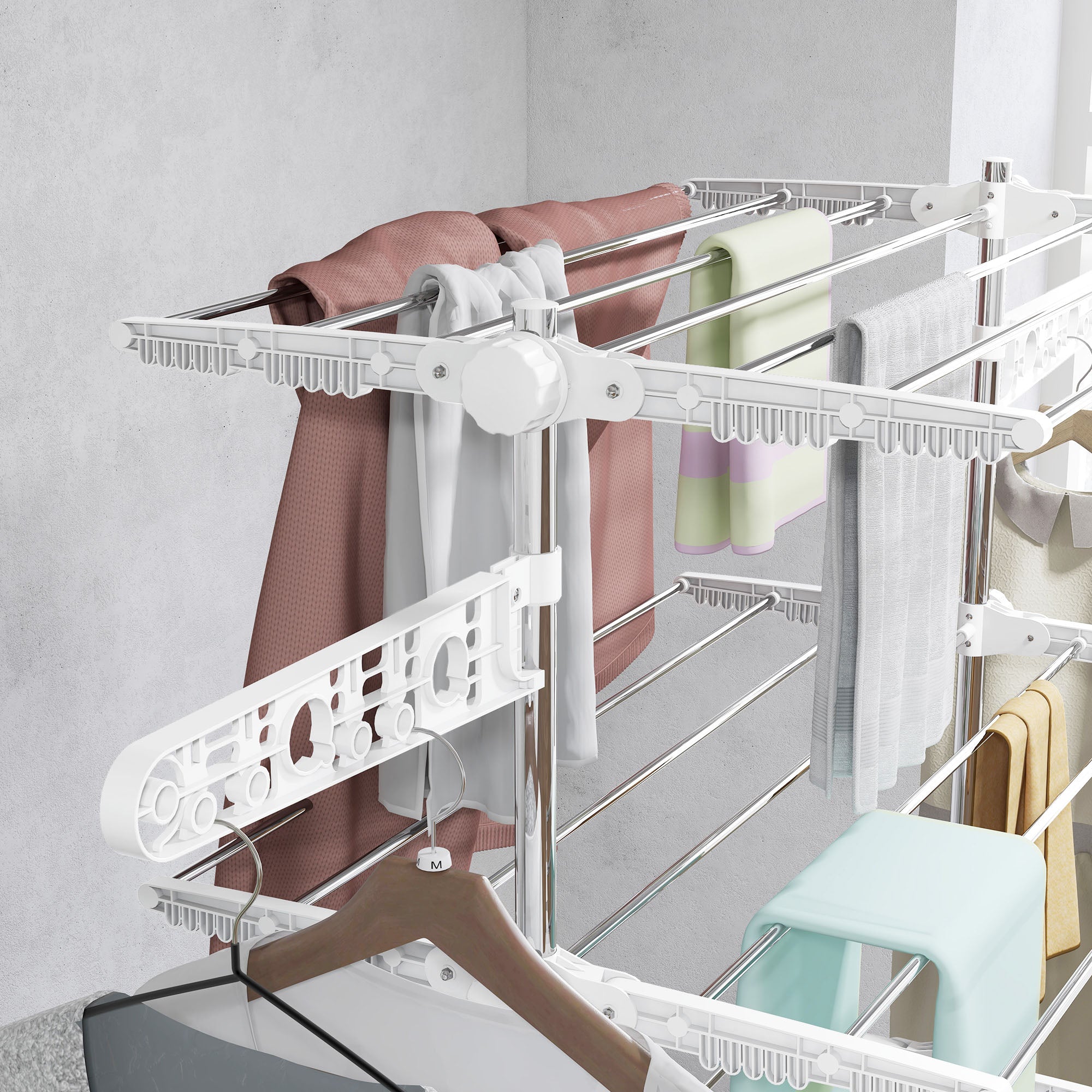 Mobile Clothes Airer, Foldable 4 Levels with Wheels, White ABS